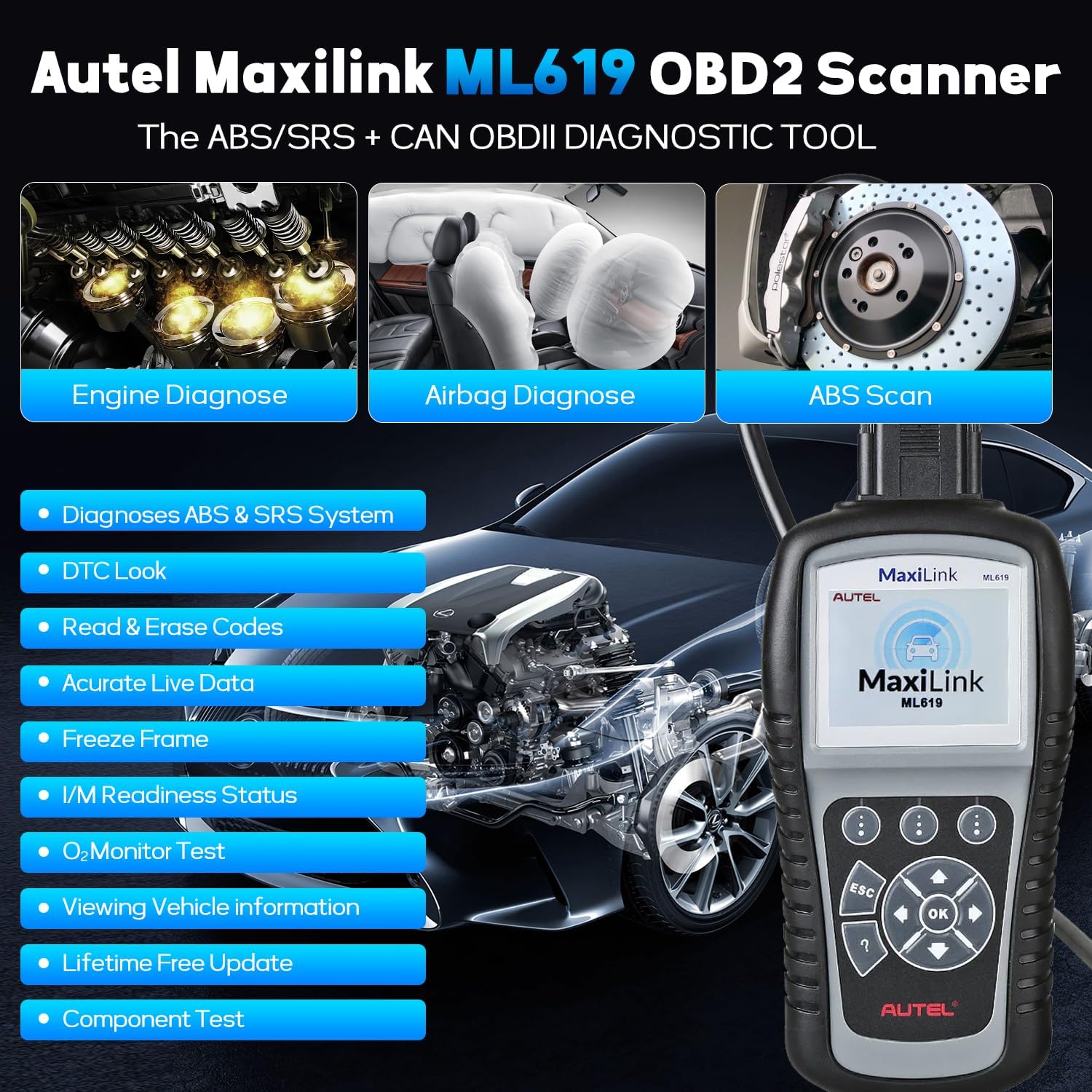 Autel Maxilink ML619 OBD2 Scanner, 2026 ABS SRS Diagnostic Scan Tool,Up of ML519 AL519 AL619,Code Reader Turn Off Check Engine Light Car Diagnostic Tool with 10 OBD2 Test Modes,DTCs Lookup,Graphs Data