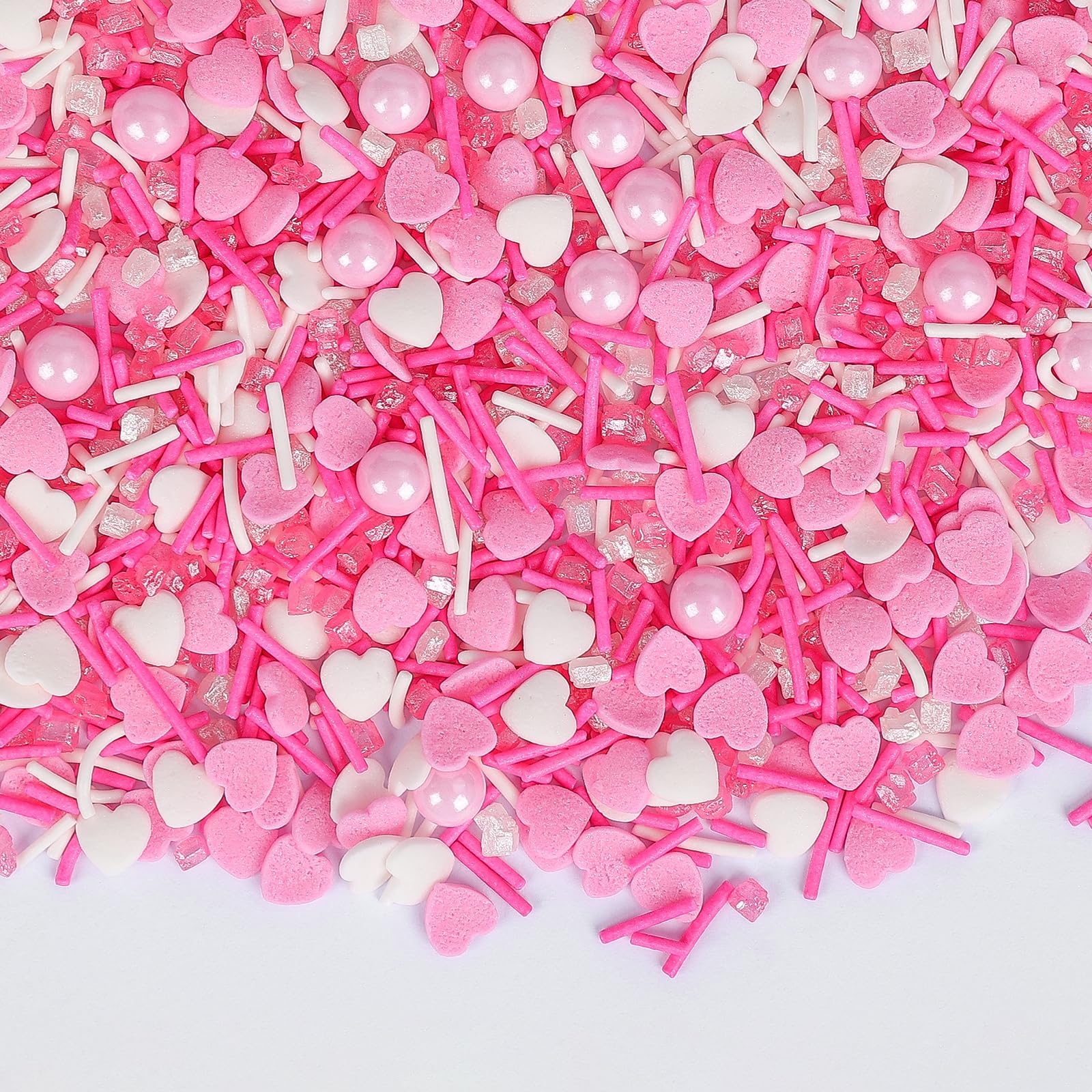Rosa-Weiße Streusel,130g,Essbare Herz-Streusel,Perlen-Jimmies und Zucker-Kristall-Mix für Backdekorationen,Cupcake-Topper,Kuchen,Kekse,Donut-Dessert-Dekoration,Hochzeits- und Geburtstags-Partyzubehör