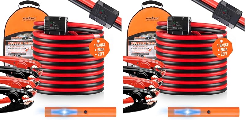 HORUSDY 25FT Jumper Cables, 1-Gauge 800A Heavy Duty Jumper Battery Cables 25 Ft Booster Jump Start, Reverse Polarity Protection - ETL Certified (Pack of 2)