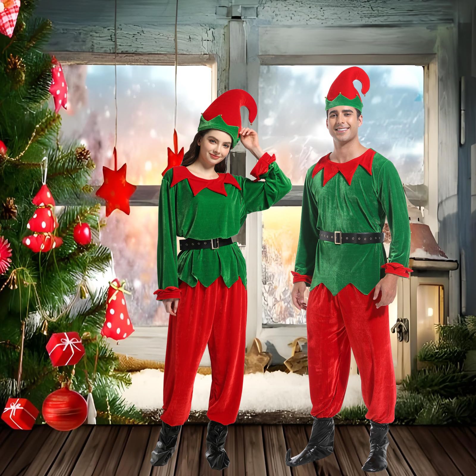 JESOHO Costume d'elfe unisexe pour adulte, déguisement de Noël, haut vert, pantalon rouge, ceinture, chapeau, couvre-chaussures. (Taille : S, M, L, XL, XXL)