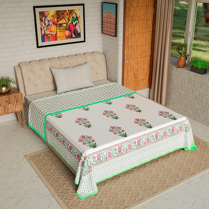 Jaipur Dohar 100% Cotton Dohar (Slim Quilt), Block Print Single Bed Blanket (All Seasons dohar) Rajasthani Blanket, 60 x 90'' (Quilt Comforter Blanket Dohar) (Green Pink Plant)