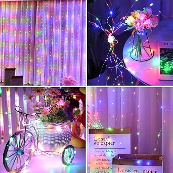 LED Curtain String Lights, 3m x 3m, 300 LEDs, 8 Lighting Modes, USB Powered with Remote Control, Indoor, Outdoor, (Multicolour) [Energy Class F]