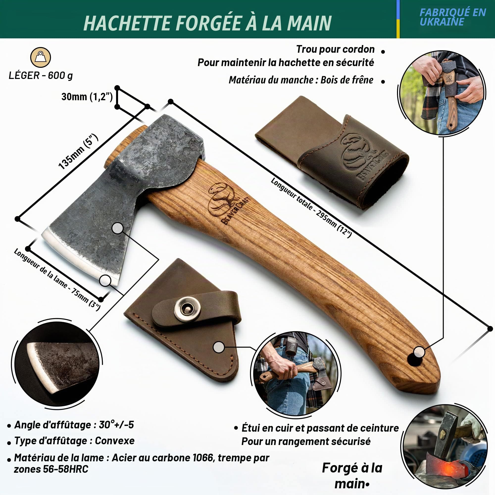 BeaverCraft Hache AX1 avec Étui – Hache Forgée Bushcraft pour Camping et Jardinage, Petite Hache pour Couper et Fendre, Outil Sculpture