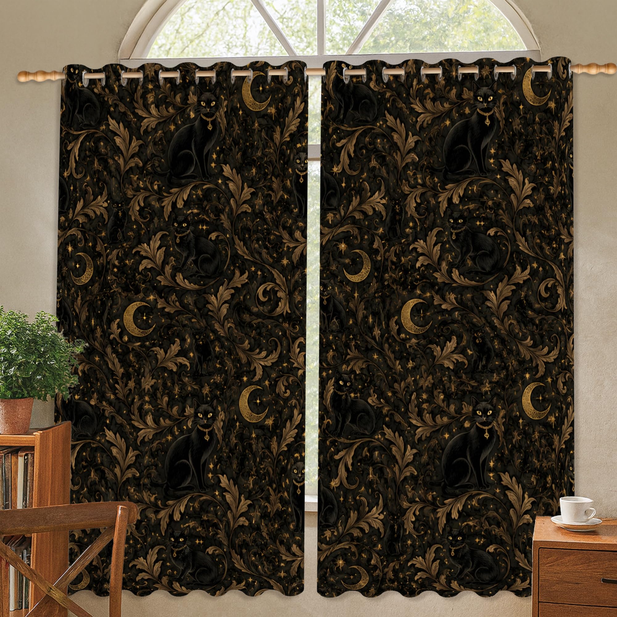 Rideaux occultants gothiques thermiques noir 106x114 cm pour salon et cuisine mystique
