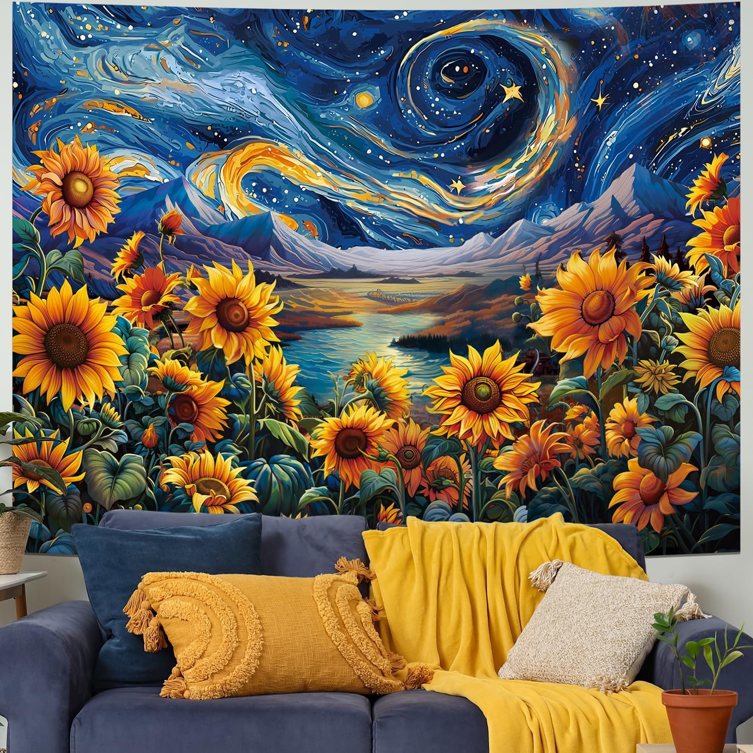 Yuiqear Sunflower Starry Sky Tapestry Galaxy Space Wall Tapestries psychedelic Mountain River Tapestries Fantasy Landscape Tapestry for Bedroom Decor