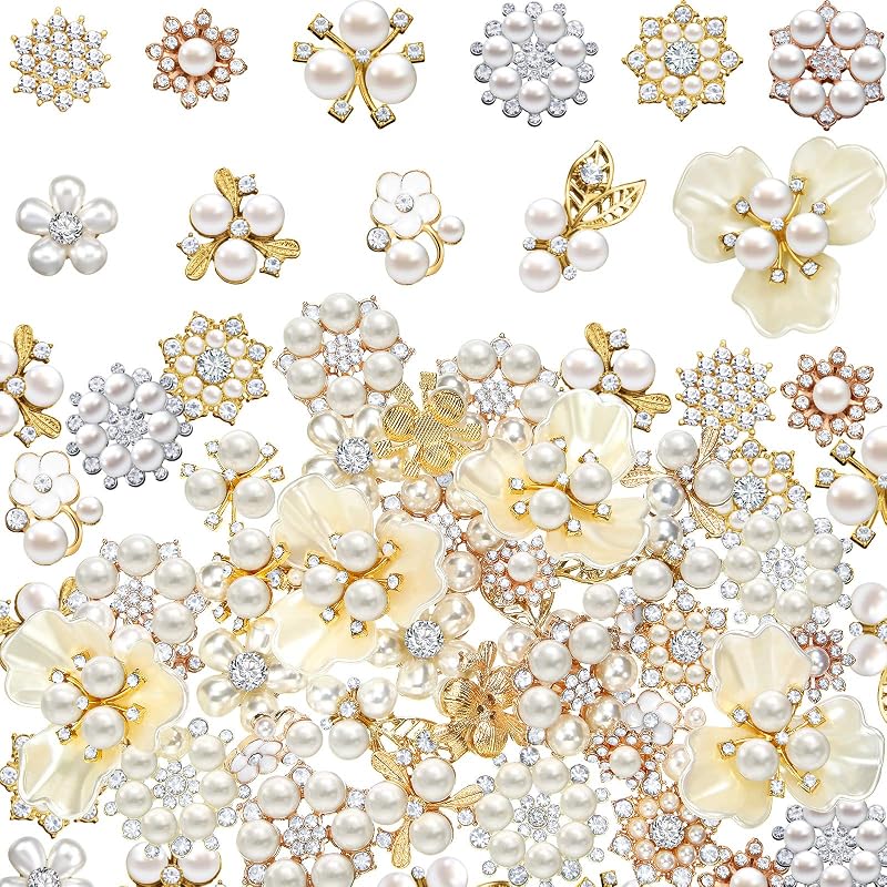 Hicarer 44 Pcs Pearl Rhinestone Buttons Rhinestone Faux Pearl for Crafts