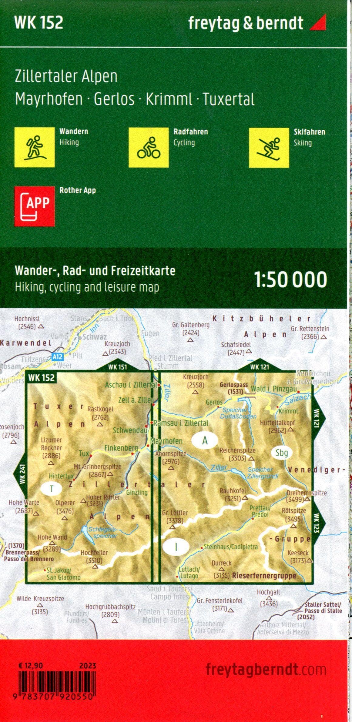 Wk152 zillertaler alpen 1:50k 2023: mit APP, wasserfest und reißfest