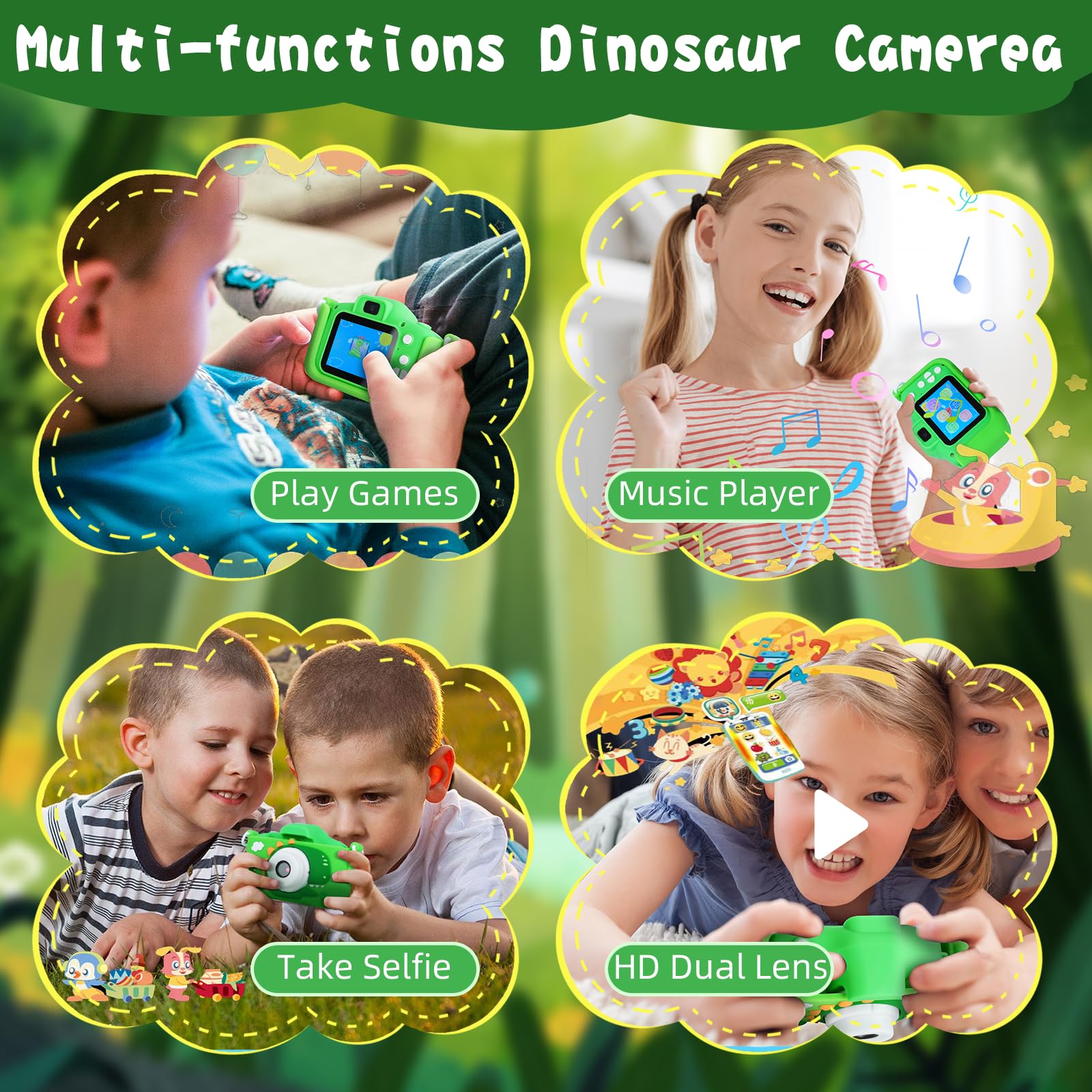 Upgrade Dinosaurs Digital Camera for Kids: Dual Lens Camera Toys for 3-12 Boys Girls - 1080P HD Selfie Digital Video Camera for Children - Christmas Birthday Gifts for 3 4 5 6 7 8 9 Year Old
