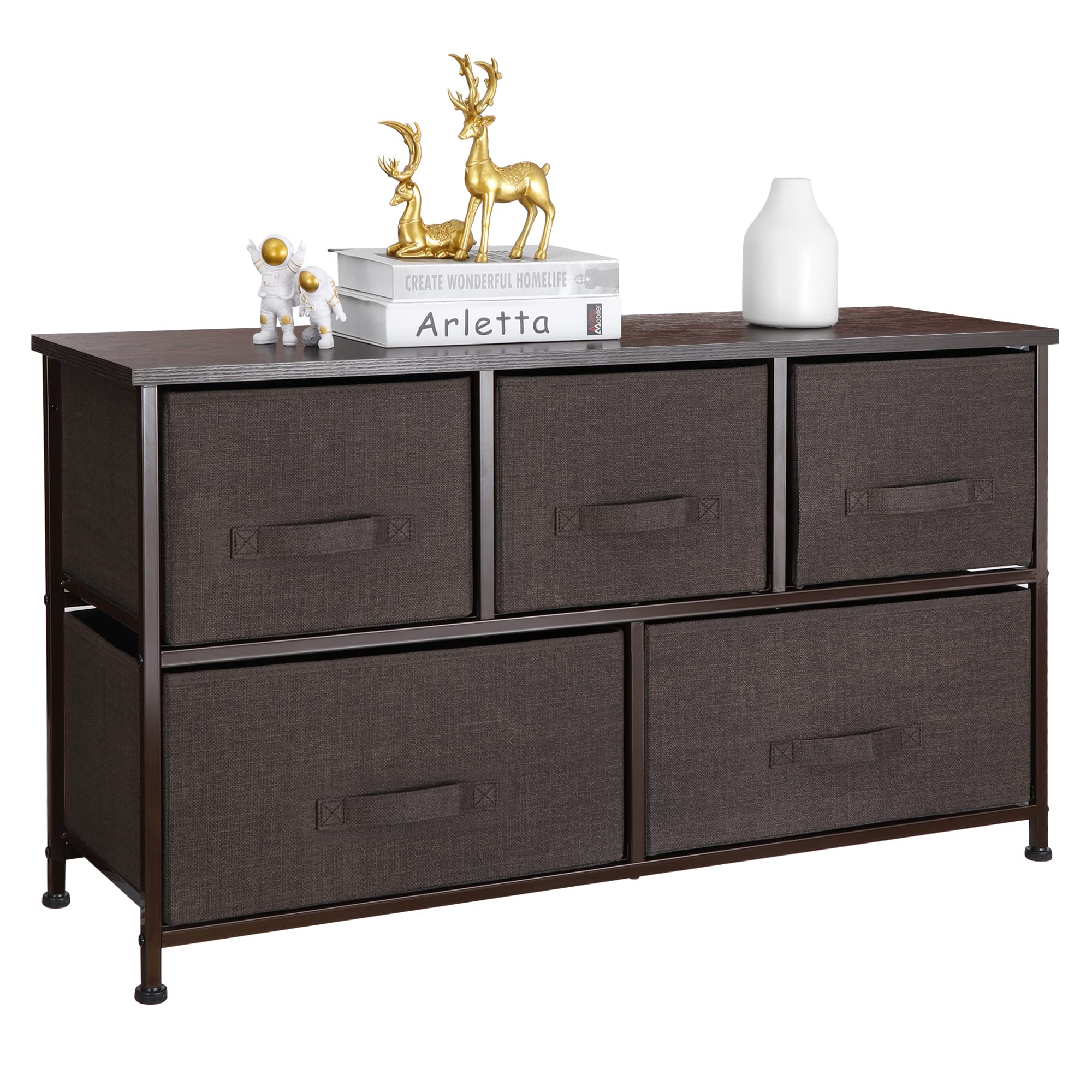 Epetlover Fabric Dresser 5-Drawer Storage Organizer Unit, Apartment Cloth Dresser with Deep Basket Sturdy Steel Frame & Wooden Top, Room Organization (Brown)