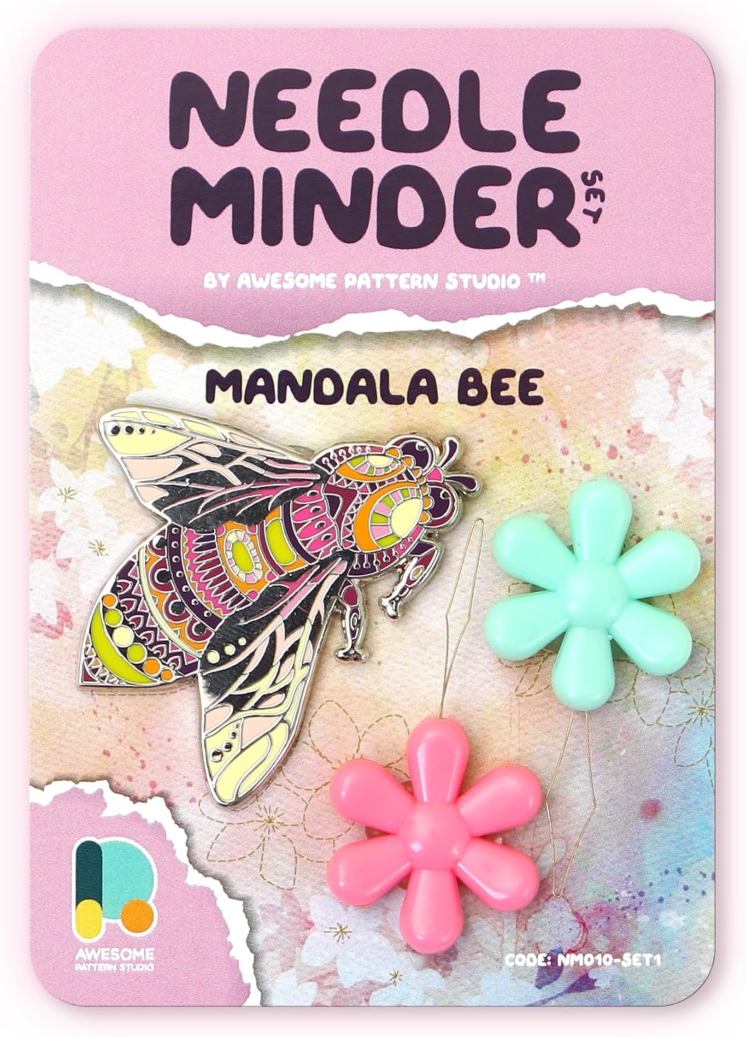 Awesome Pattern Studio Needle Minder Set - Mandala Bee Magnetic Needle Minder + 2 Needle Threaders. Enamel Pin for Cross Stitch, Embroidery and Craft