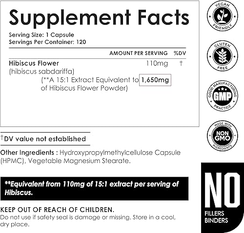 Miniatura 5 de AMALTH Cápsulas de hibisco  1650 mg de fuerza equivalente 151 extracto de hibisco concentrado  Vegano, sin OMG, sin gluten  120 cápsulas vegetales