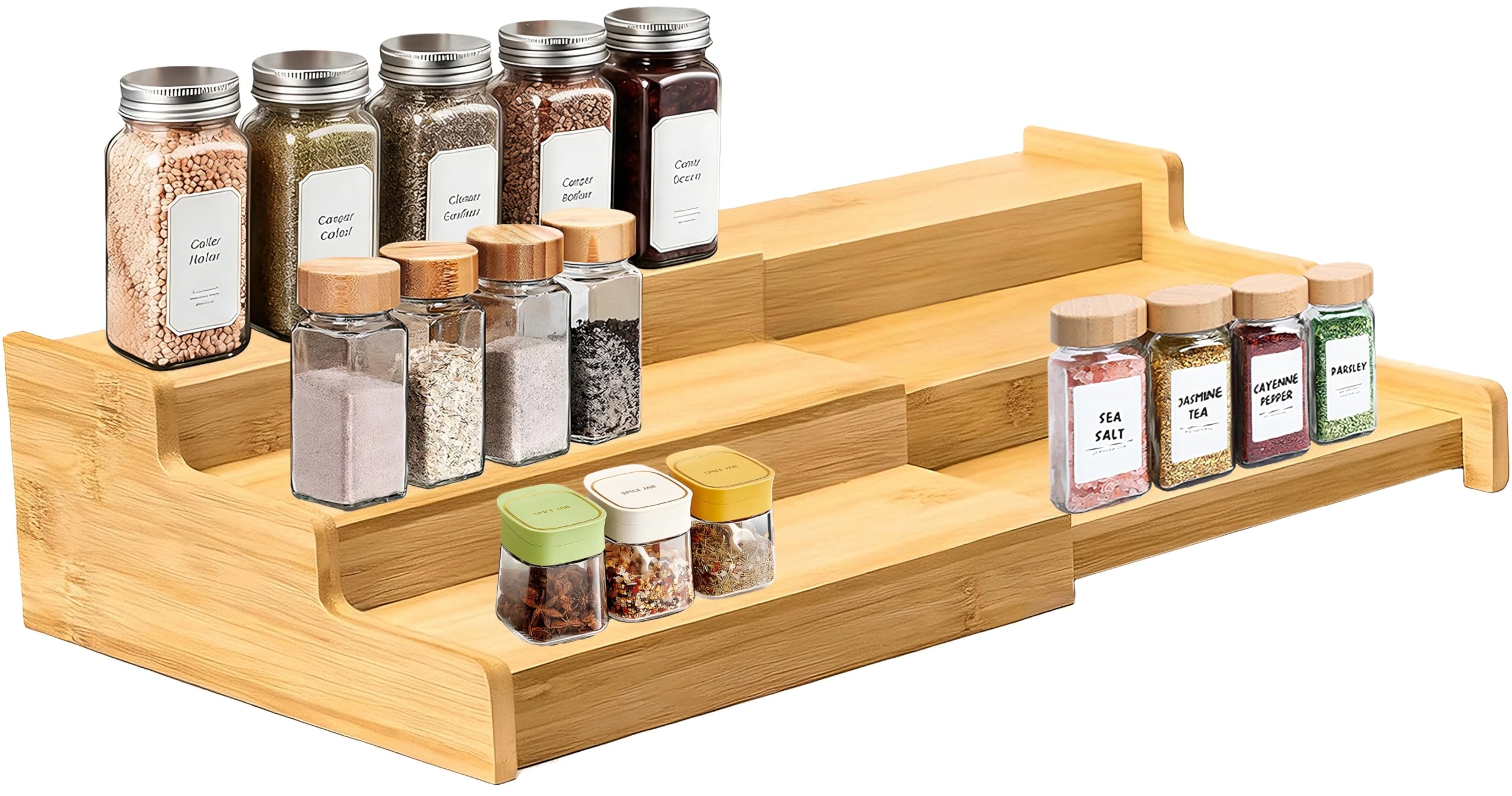 Houbobo Spice Rack Kitchen Cabinet Organiser- 3 Tier Wooden Expandable Display Shelf, Perfect for Kitchen Cabinet, Countertop, Inside Cupboard and More