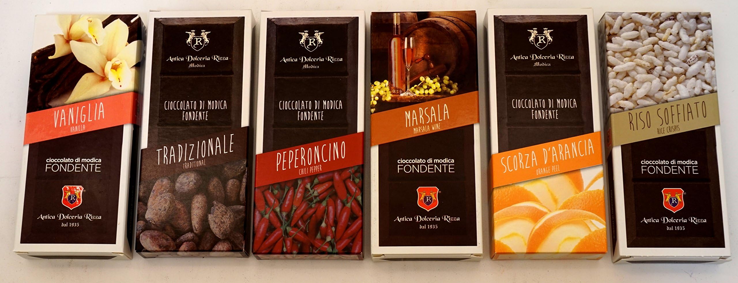 Antica Dolceria Rizza: Modica Chocolate, Set of 6 Different Flavors (Chili, Marsala Wine, Orange Peel, Rice Crispies, Traditional, Vanilla) [ Italian Import ]