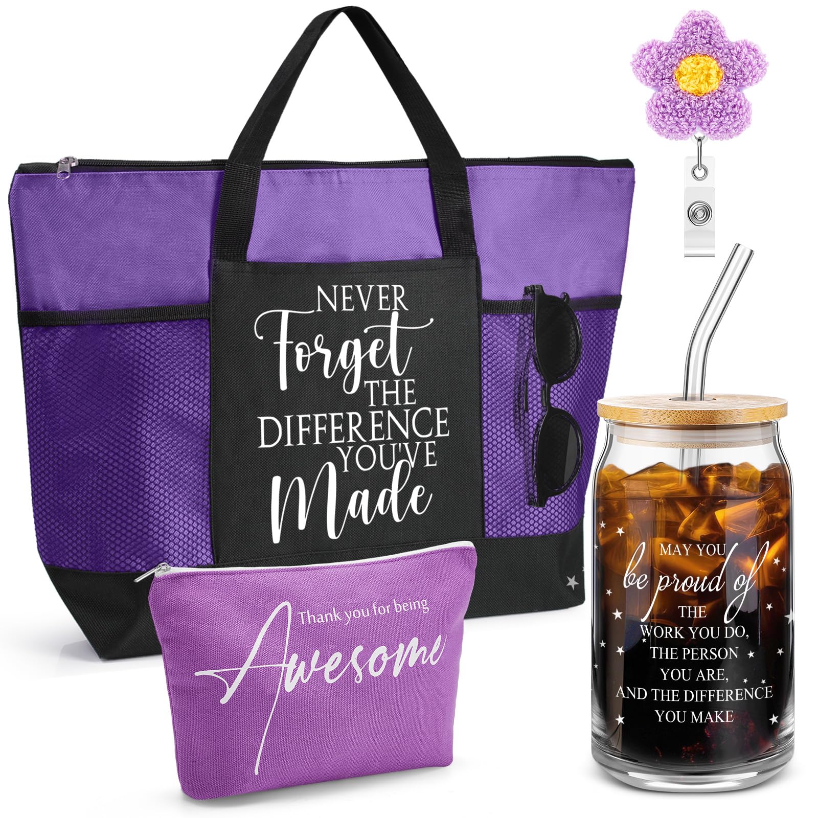 Clysee 4 Pcs Thank You Gift Glass Cup Tote Bag Makeup Bag Badge Reel Appreciation Gift for Employee Coworker Nurse