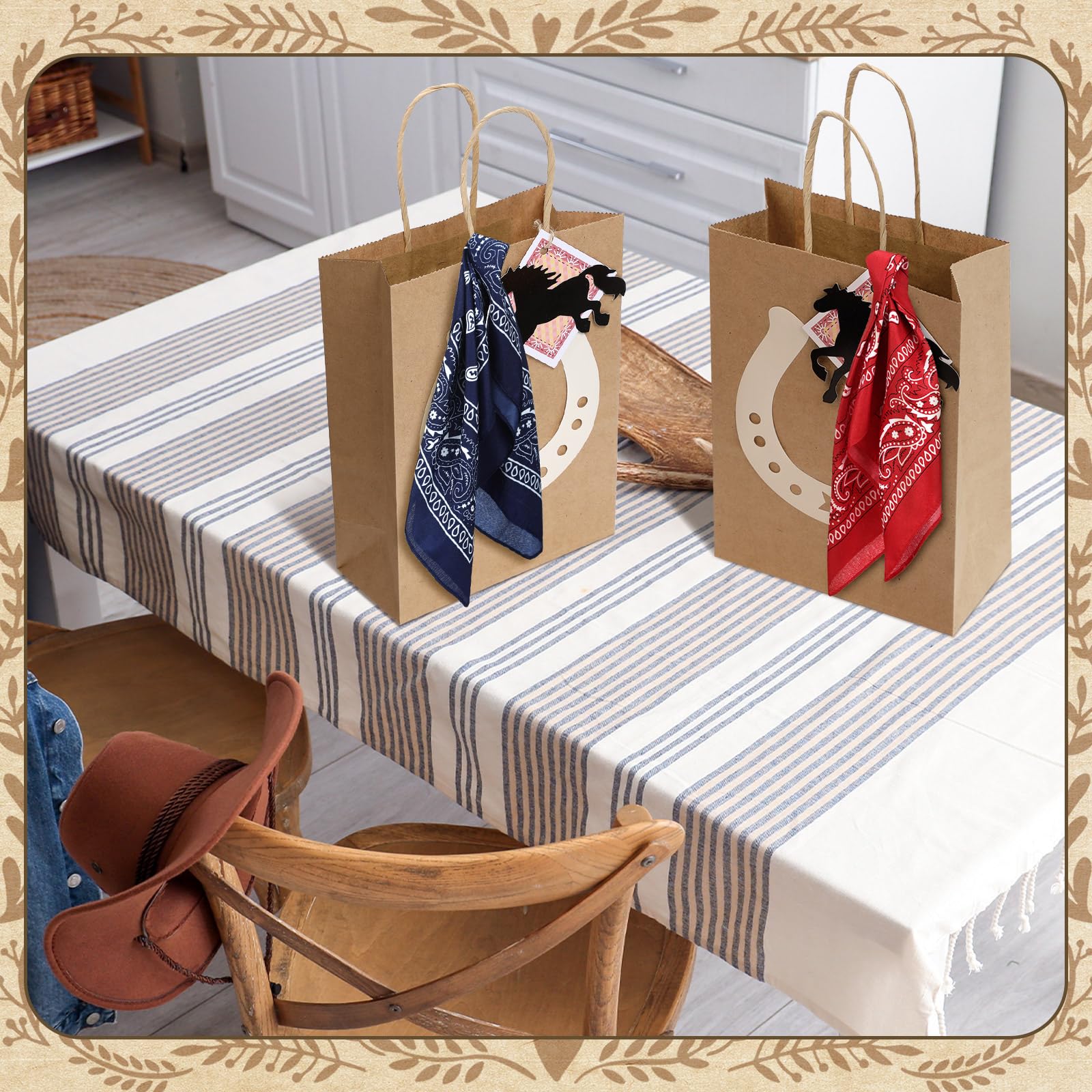 Jeere 48 Pcs Western Cowboy Gift Bags Western Theme Party Favors Cowboy Paper Goodie Handles Bags with Red and Blue Paisley Bandana Horseshoes Stickers for Rodeo Cowgirl Birthday Party Decoration