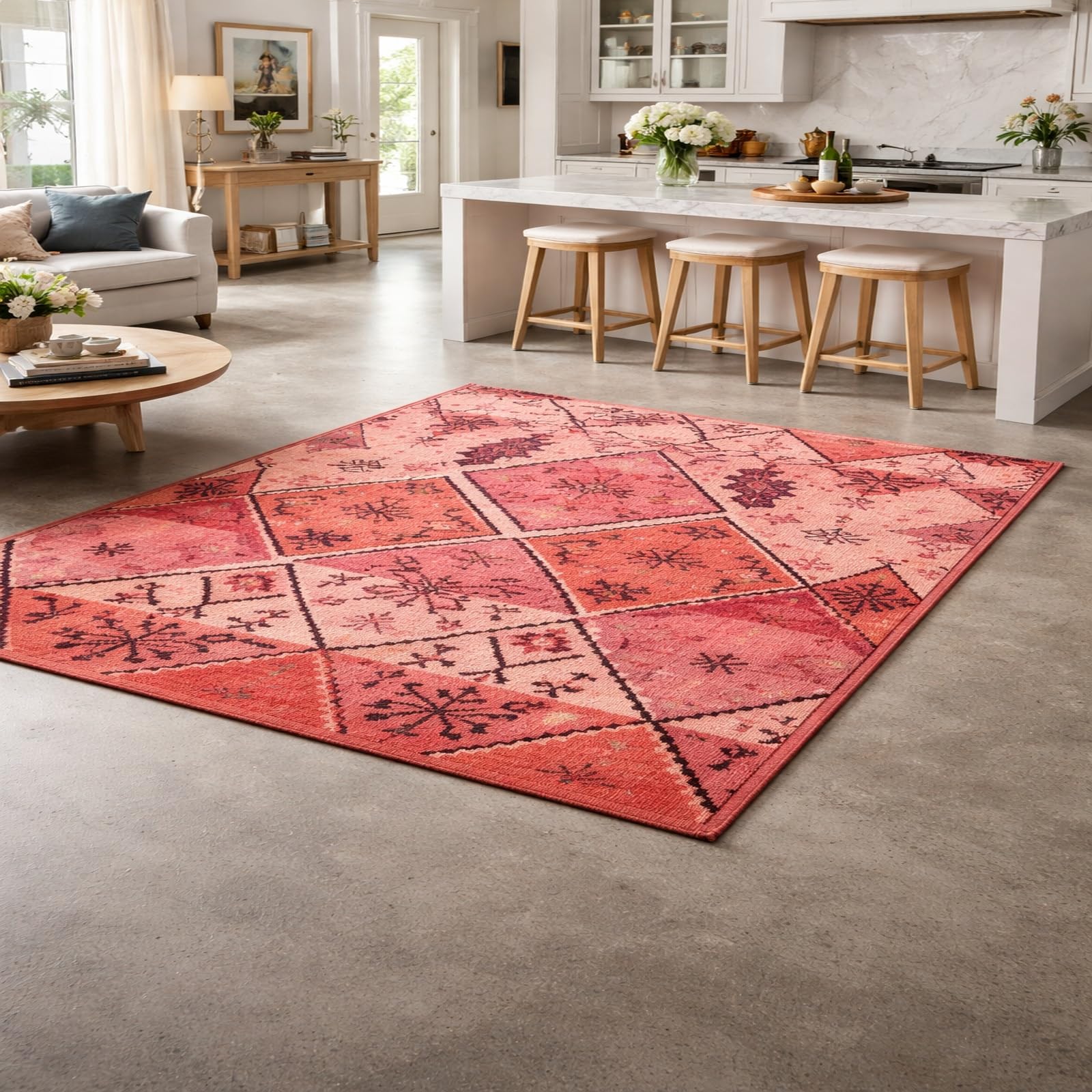 Tapis de chambre géométrique rose aux finitions traditionnelles