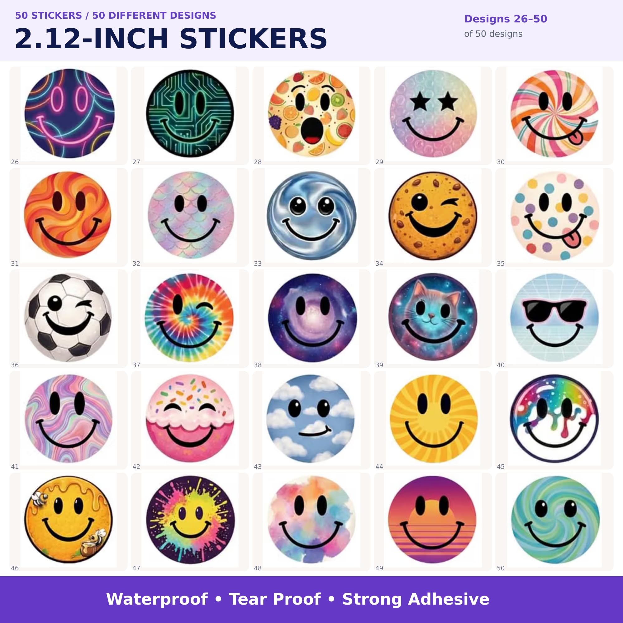 Lot de 50 autocollants en forme de visage souriant pour enfants, 5,3 cm, imperméables et mignons pour ordinateurs portables, récompenses de classe, cadeaux de fête, fournitures pour enseignants