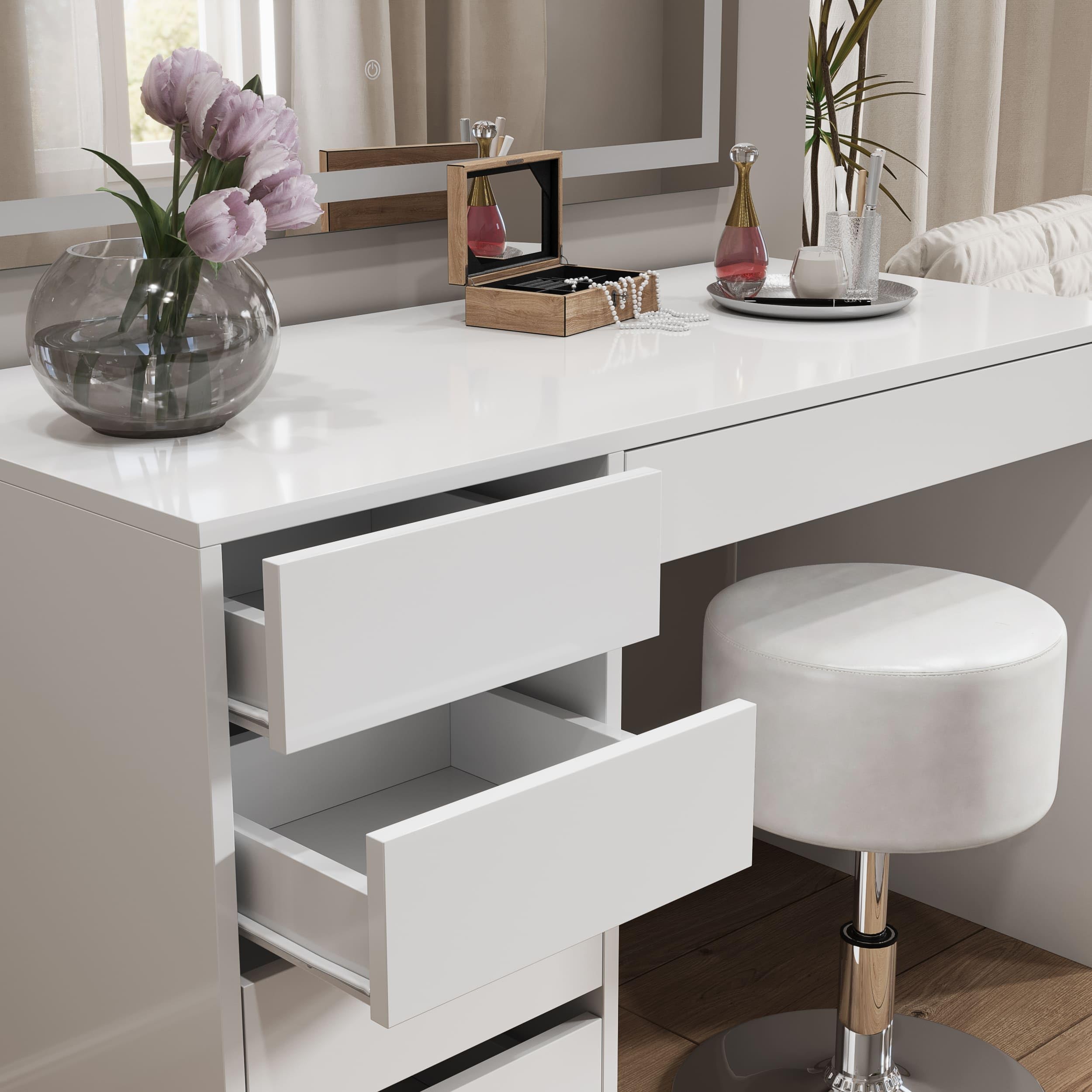 Vicco Taburete Design, Blanco, 33.5 x 67 cm para tocador, Ajustable en Altura con tapizado de Cuero sintético Resistente
