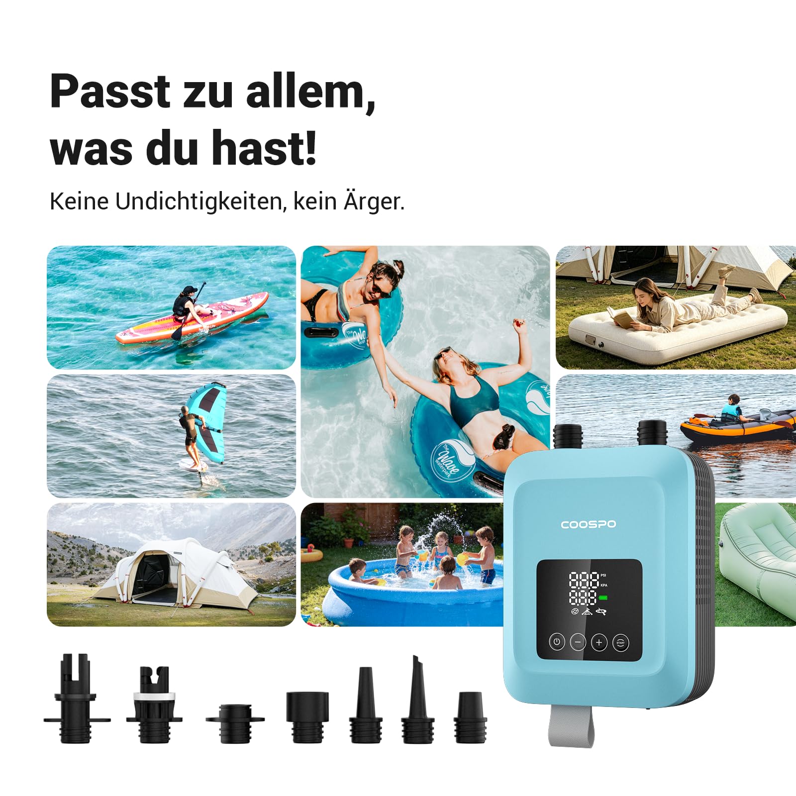 CooSpo Elektrische SUP-Luftpumpe, 20 PSI Hochdruck-Elektropumpe, mit wiederaufladbarem Akku (59,2/44.4 Wh), geräuscharm, Zwei Aufpumpmodi für Kajaks und Paddleboards