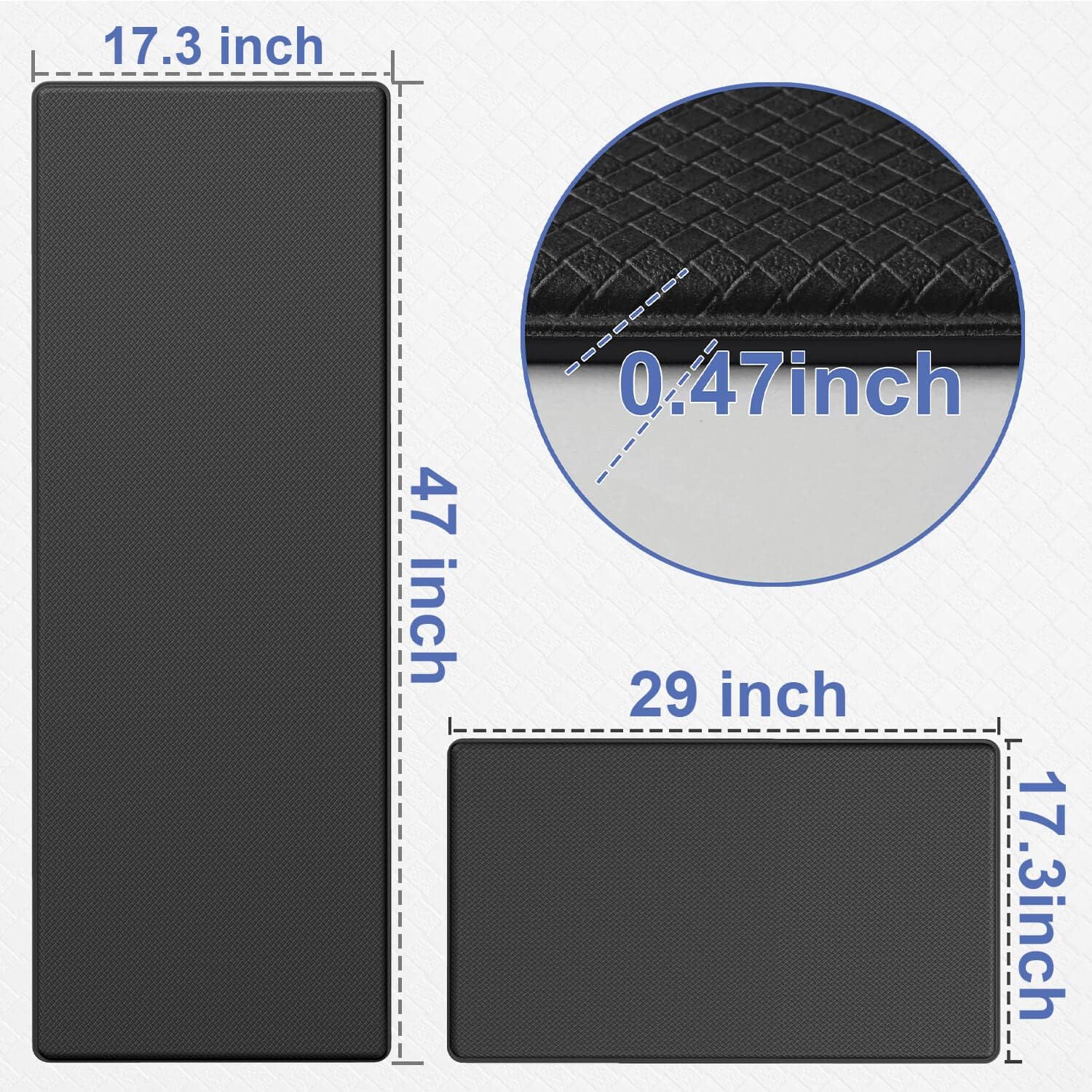 Abilliongo Kitchen Floor Mats Kitchen Rug Set 2 Piece, Soft Cushioned Anti Fatigue Kitchen Mats, 2/5Inch Thick Waterproof Non Slip Memory Foam Standing Rug Set of 17.3" x29+17.3"x47", Black