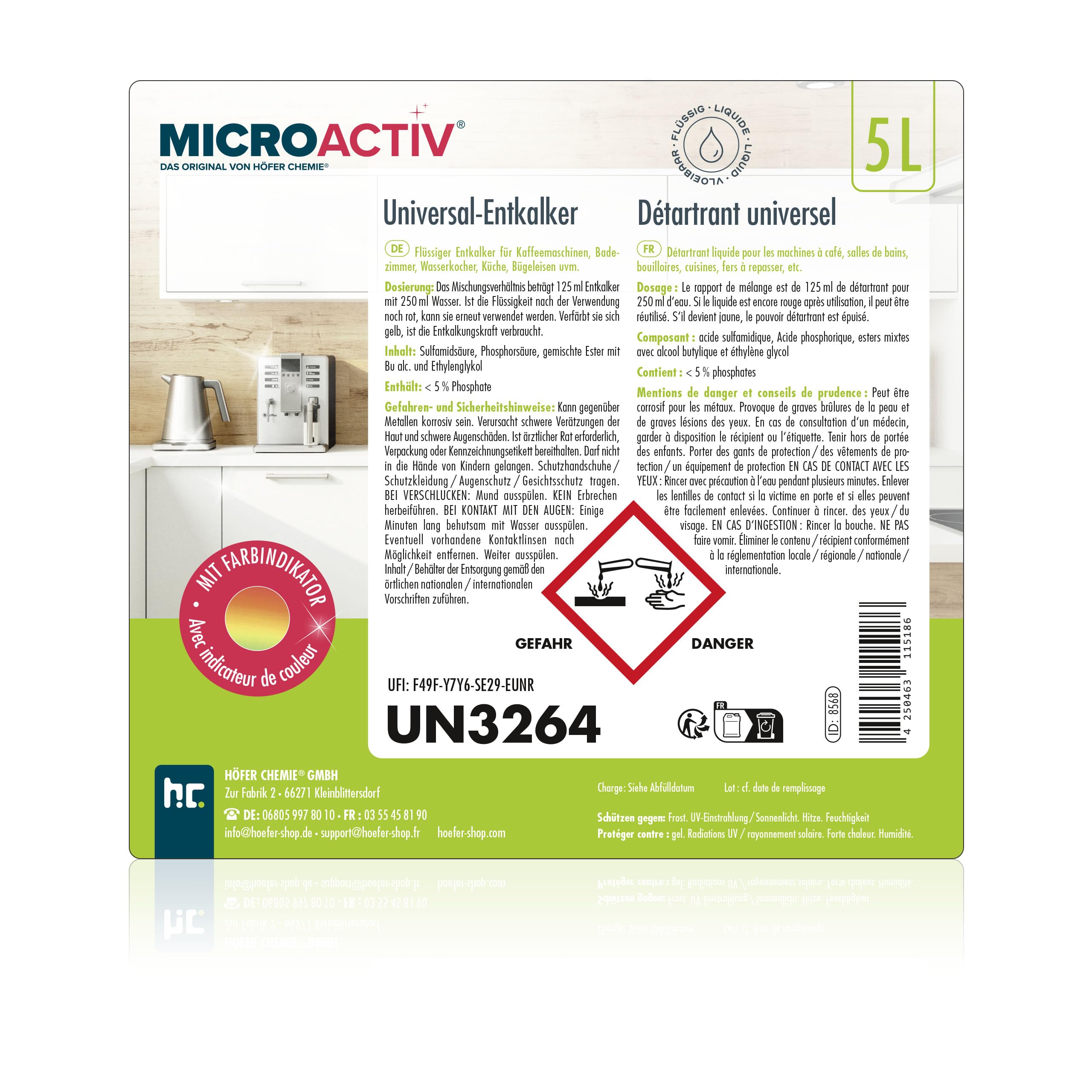 Höfer Chemie 4 x 5 L (20 L) Universal Entkalker | Mit Farbindikator für Kaffeemaschinen & Kaffeevollautomaten