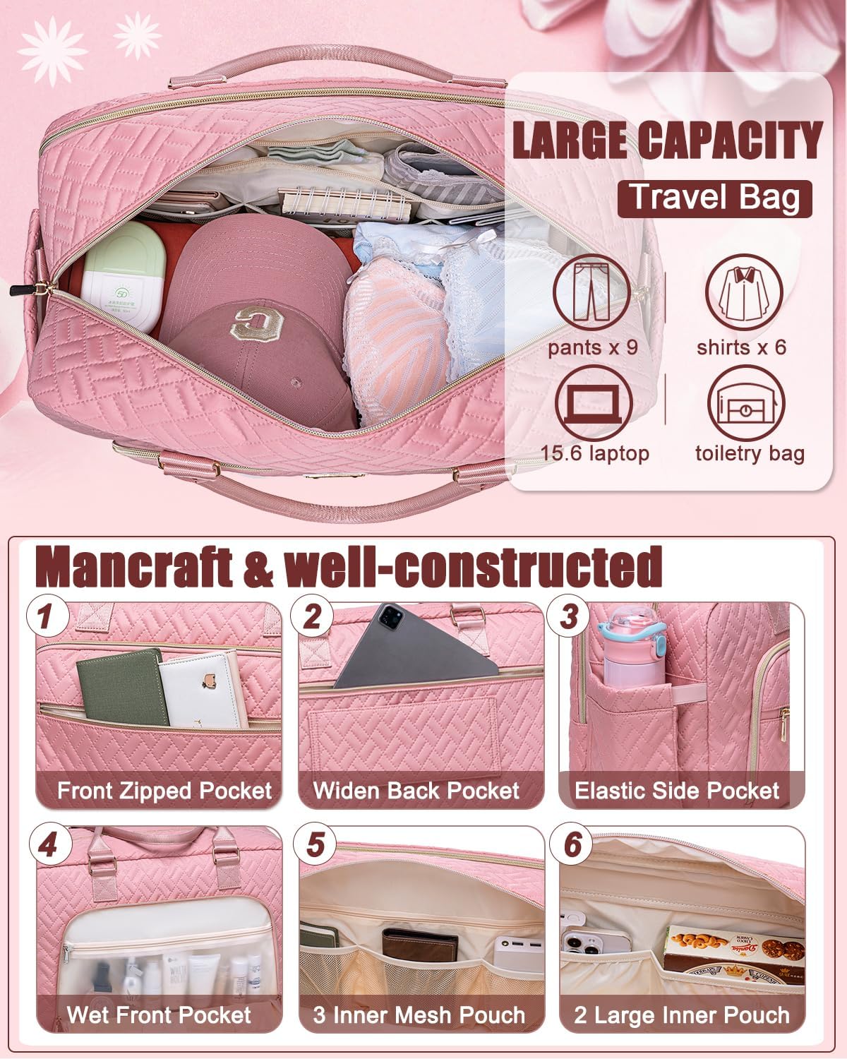 Gym Bag for Women,Travel Duffle Bag for Women,Weekender Overnight Bag with Wet Pocket,Carry On Bag with Toiletry Bag - Image 3