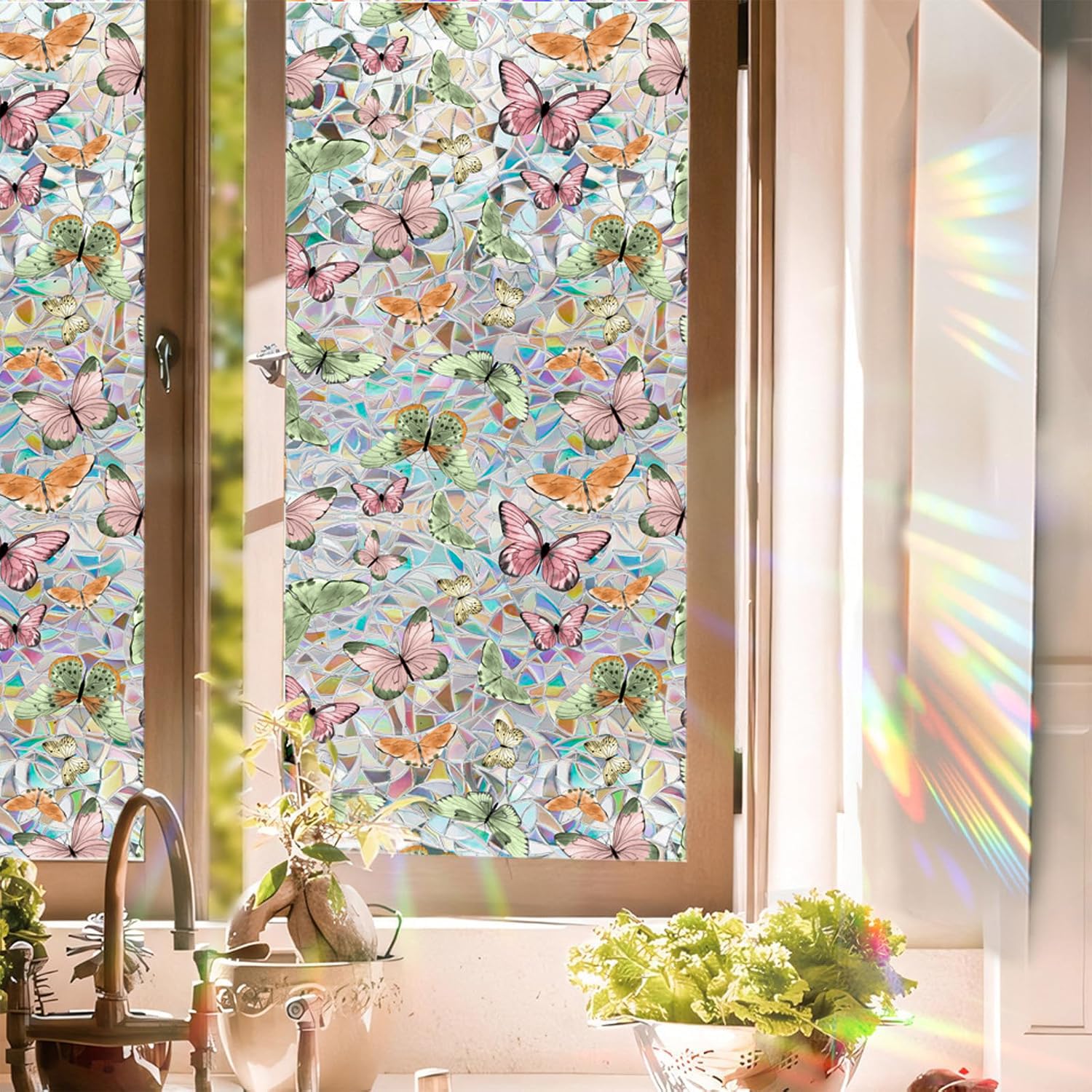 Butterfly Stained Glass Window Privacy Film, Retro Decorative Rainbow Window Privacy Film Sun Blocking, Flower Glass Decal,Static Cling Stickers for