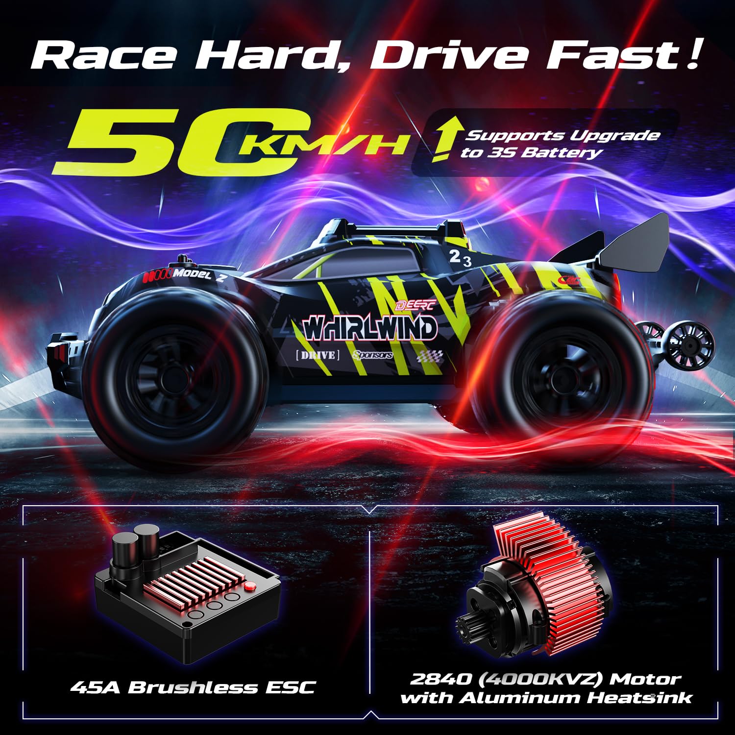 DEERC 1:14 Macchina Telecomandata Brushless per Adulti, 43MPH 4WD off-road con luci LED a 7 colori, ammortizzatori in metallo, 2 batterie 7,4V, trasmissione in metallo, 3 modalità luce.