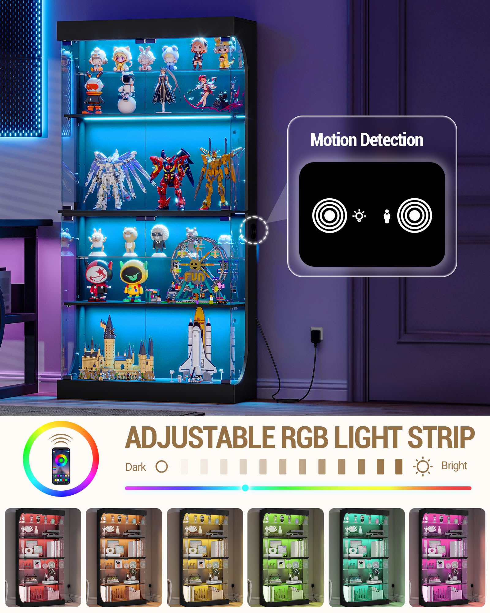 Hzuaneri Vitrine, Glastvitrine mit Intelligente Sensorik, Vitrinenschrank mit RGB-Leuchten, mit 6 Regalen, für Büro, Wohnzimmer, Schwarz, 35 x 80 x 165 cm, DC00206XEU