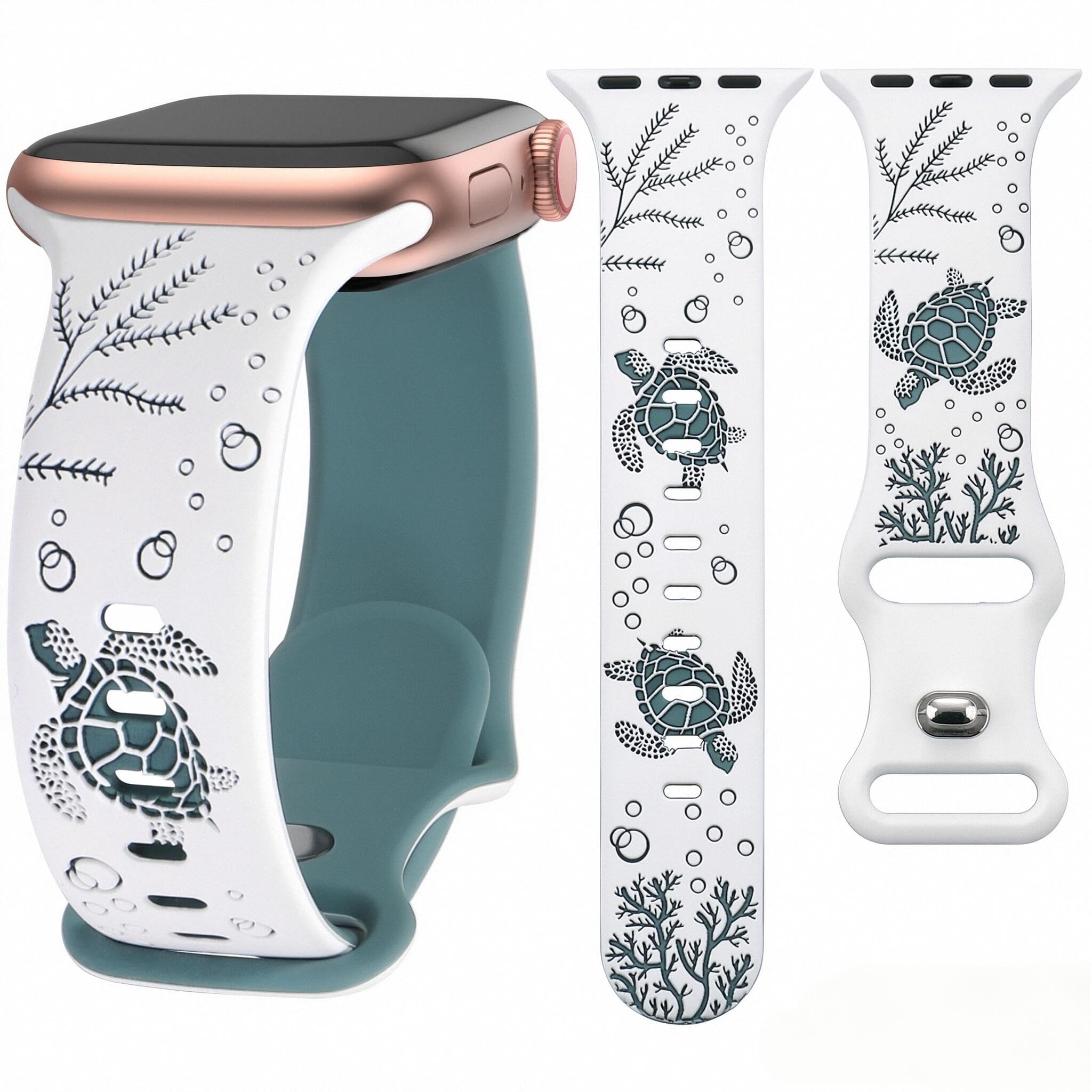 Sea Turtle Engraved Band Compatible with Apple Watch Band Women Men 38mm 40mm 41mm 42mm 44mm 45mm 46mm 49mm Two-Tone Cute Sport Silicone Band for iWatch Series 11 10 Se Ultra 9 8 7 6 5 4 3 2 1