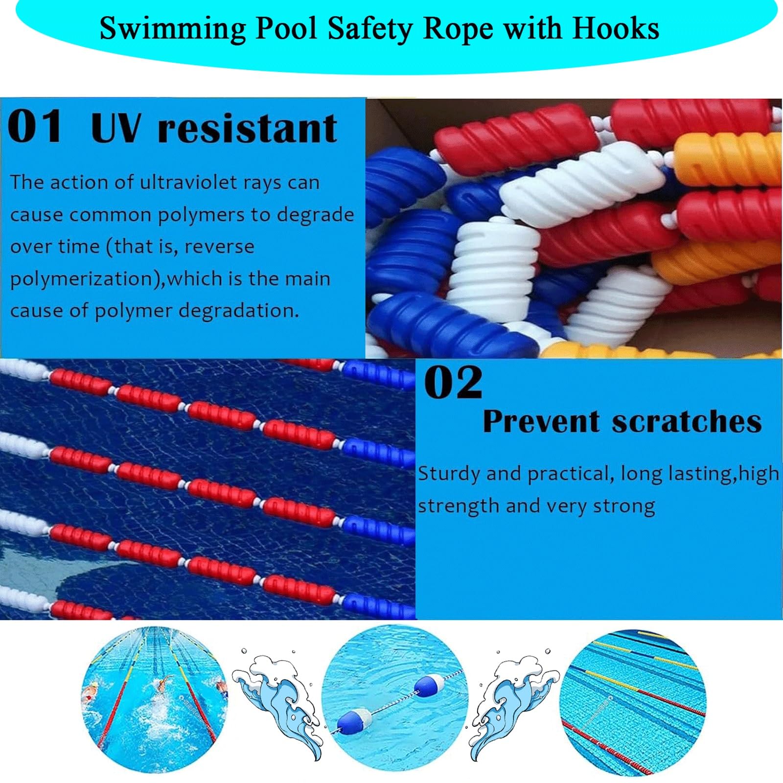 Kit Completo di Corda Galleggiante per Piscina, Linea divisoria di Sicurezza da 4,88 m con 2 Ganci e galleggianti, Corda in Polipropilene Regolabile per Piscina, Palestra Domestica