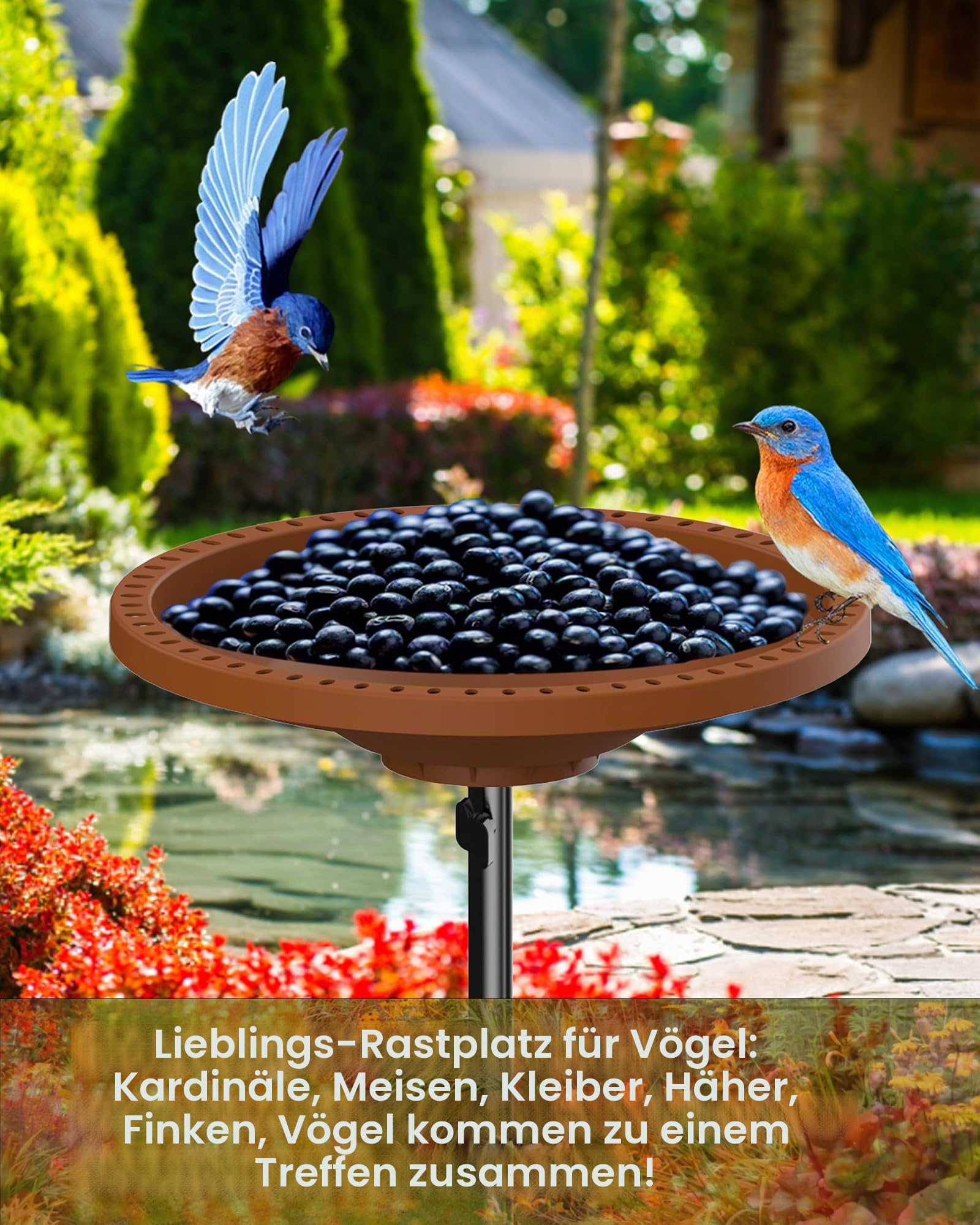 Vogeltränke für den Außenbereich, strapazierfähig, abnehmbare Vogeltränke für den Garten, Vogeltränke, Spa und Vogelfutterstation mit Metallpfahl, Garten, Kreis-Stil (braun)