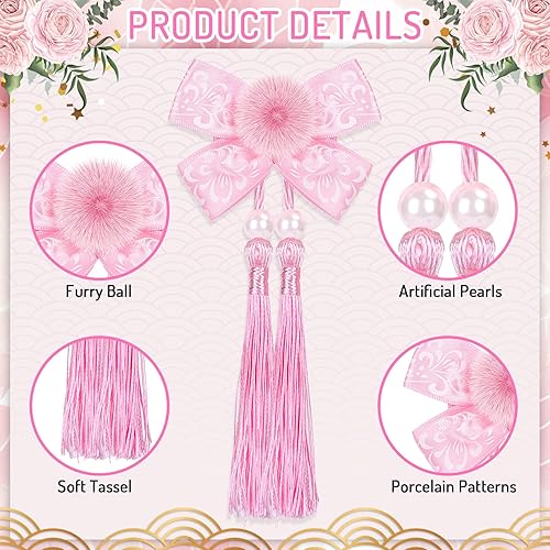 Miniatura 3 de JarThenaAMCS 6 pares de pinzas para el pelo de Año Nuevo chino, estilo chino, pelotas, pasadores de pelo con borlas, lazos rosados, horquillas para