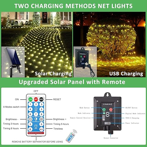 Miniatura 5 de Luces de Red Solares para Exteriores, 240 LED USB Luces de Malla Blanco Cálido para Arbustos Impermeables, 11.5 pies x 5 pies 8 Modos Luz de Cadena