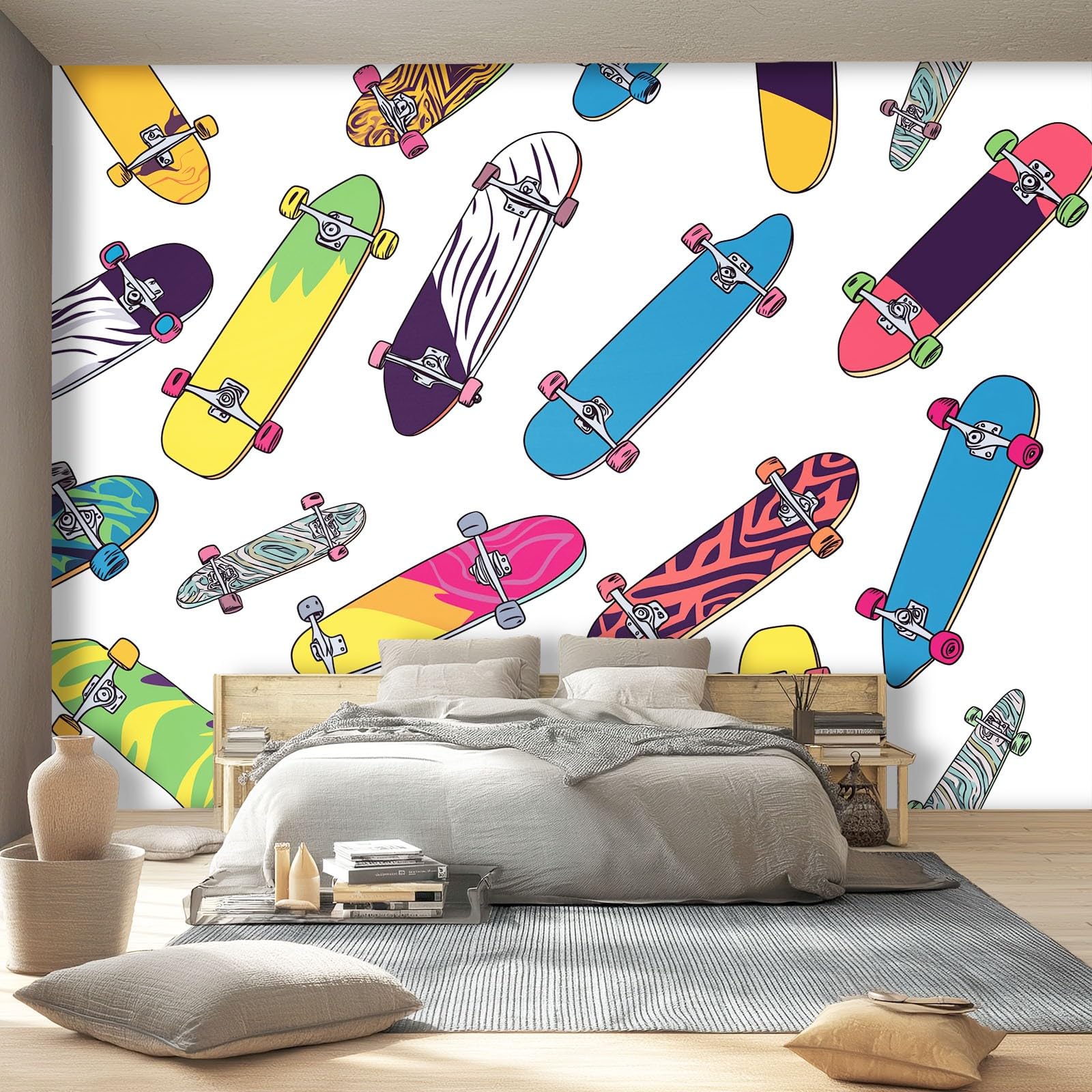 Tapeta 300 x 210 cm, kreskówkowy wzór deskorolki, dekoracja z włókniny do pokoju dziecięcego i ściany TV, kolorowa