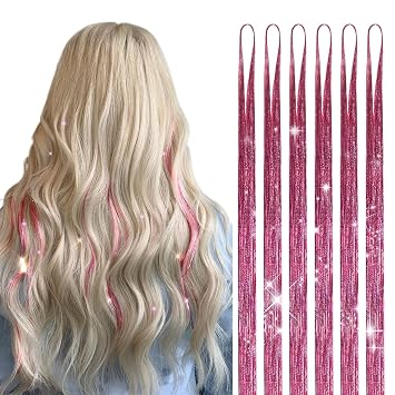 DOORES Pink Tinsel Hair Extensions, Fairy Hair 6 Pcs 48 Inch 1200 Strands, Stylable Fairy Accessories for Women Fairy Hair Tinsel for Christmas Halloween Cosplay Party