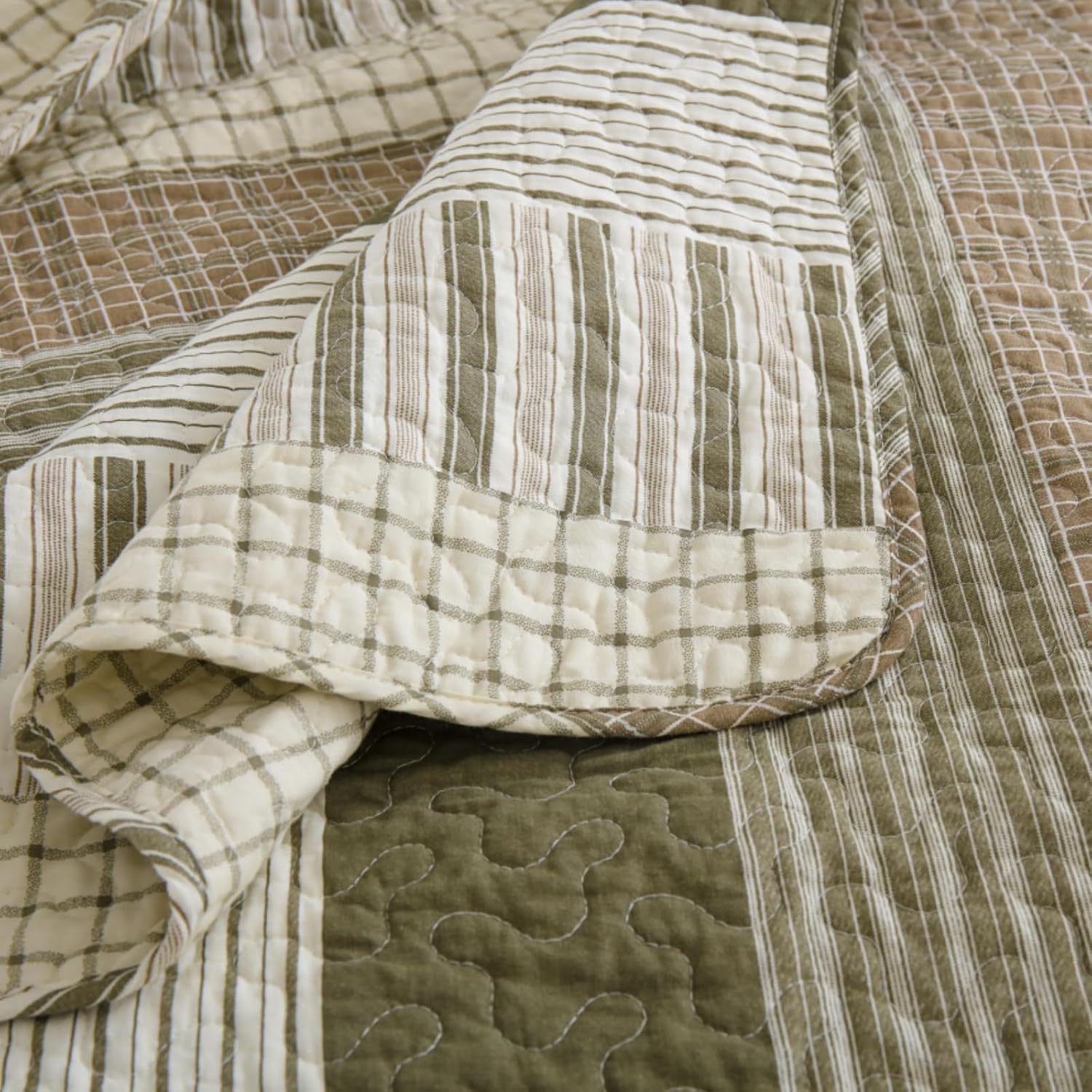 Uniclinens 100% Cotton Quilt Set Queen Size, Farmhouse Queen Quilts Bedding Set Bedspreads, All Season Striped Coverlet Lightweight Comforter Quilt with 2 Pillowshams, Olive Green/Brown/Cream/Beige - Image 5