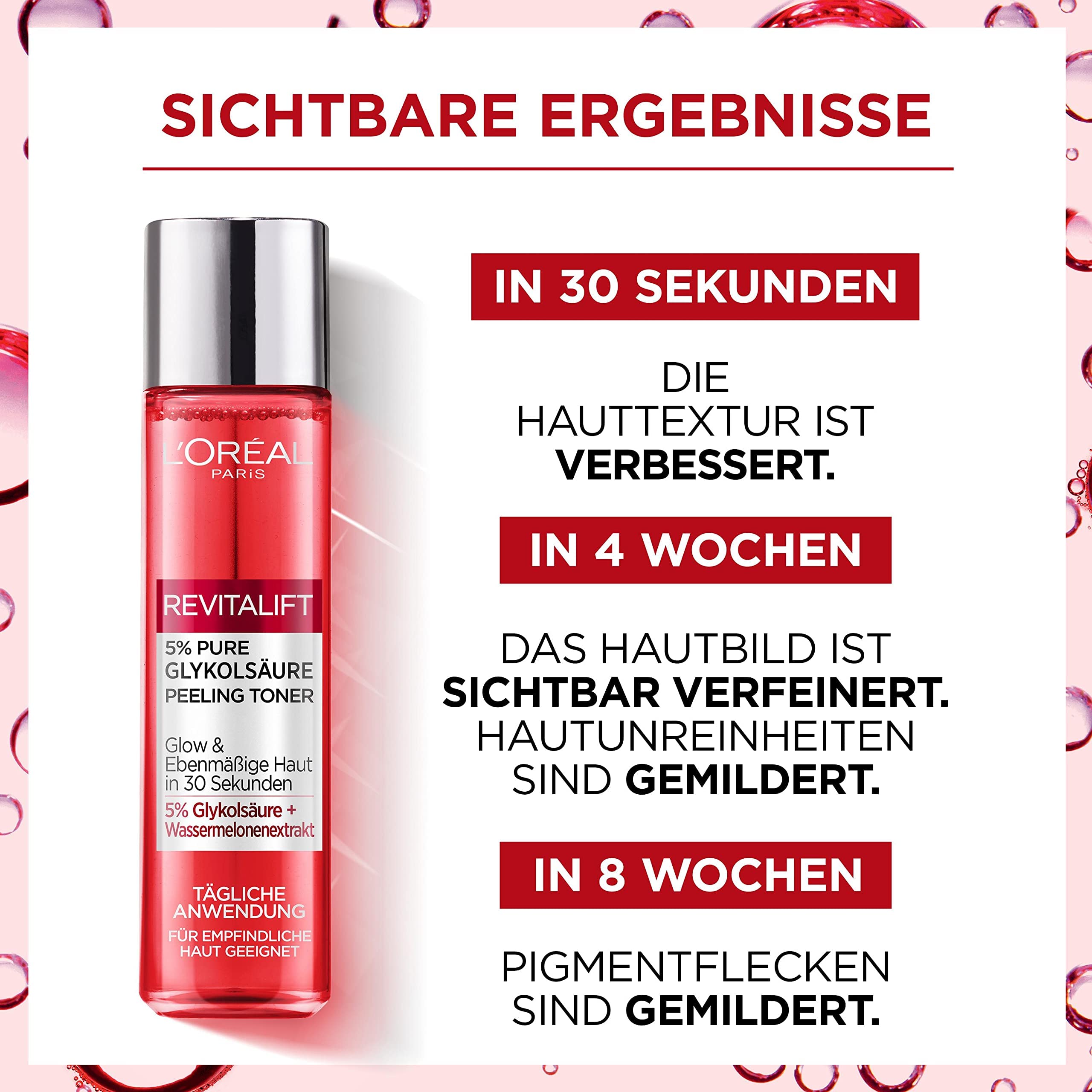 Tonik do peelingu L'Oréal Paris dla kobiet: usuwa martwy naskórek i poprawia teksturę skóry, redukuje przebarwienia dzięki 5% czystemu kwasowi glikolowemu, ekstraktowi z arbuza i aloesu, 1 x 180 ml