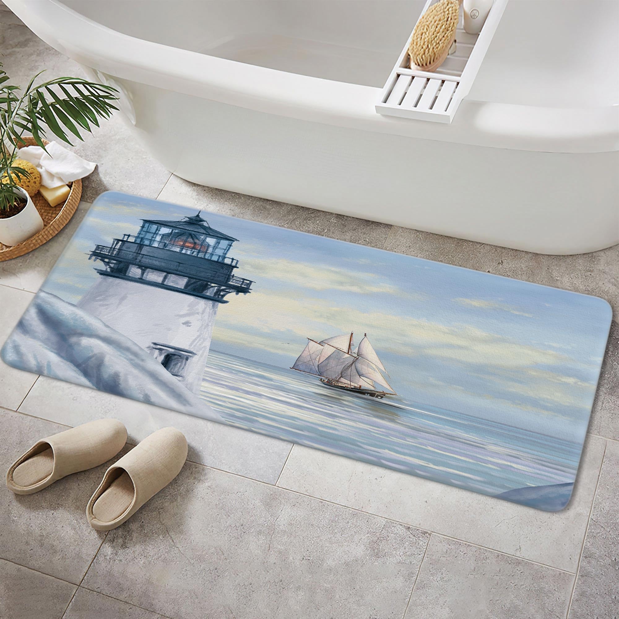 Nautical Lighthouse Bath Rugs, Blue Ocean Theme Sunrise and Sailboat Shower Rugs, Flannel Non Slip Ocean Coastal Bath Carpet Bathroom Room Decor
