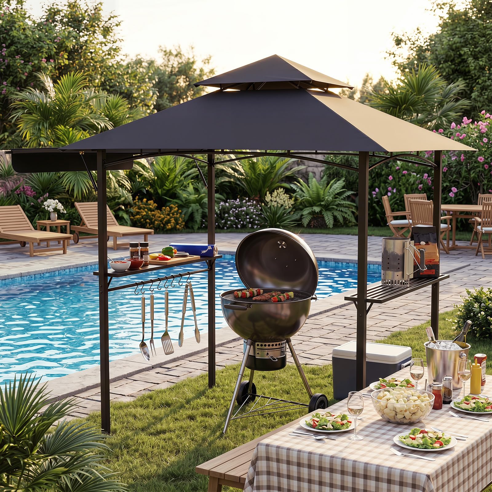 COSTWAY Gazebo per Barbecue 247 x 150 cm, Pergola per BBQ con Telo Laterale Retraibile, 2 Ripiani, 8 Ganci, Struttura in Metallo e Tetto a Doppio Strato per Feste, Barbecue e Picnic