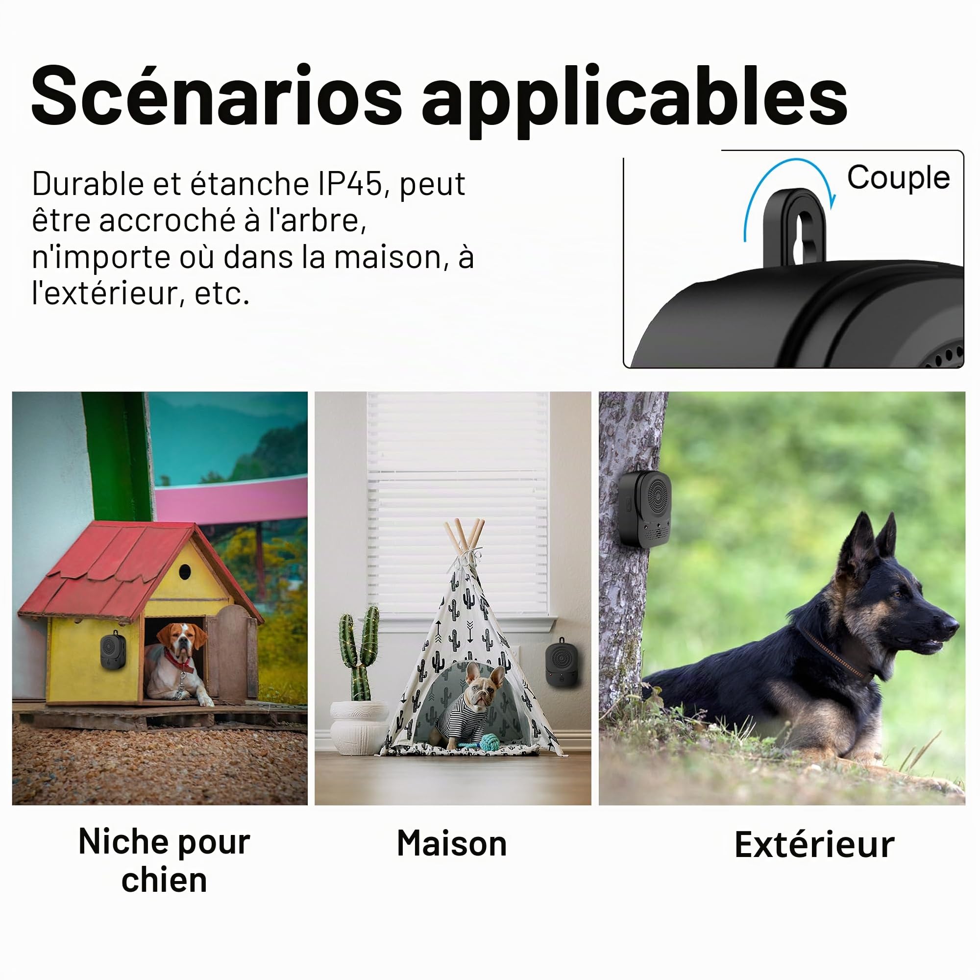 Anti Aboiement Chien, 4 Réglable Fréquence Dispositif Anti-Aboiements Ultrasons, Automatique Anti-Aboiement Chien, Étanche pour l'extérieur et l'intérieur, pour Les Petits et Grands Chiens
