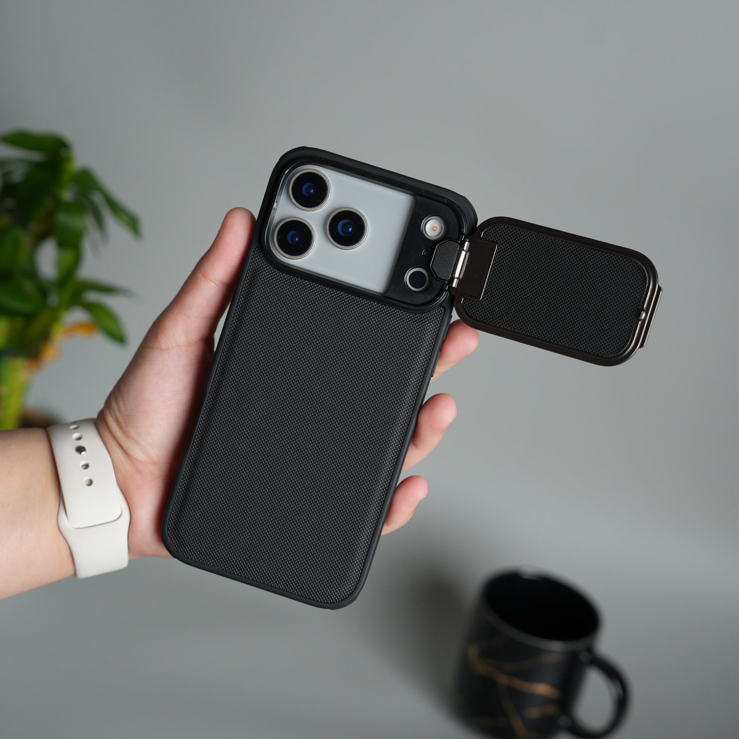 FRATO Premium Metal Camera Cap Stand Case Cover for iPhone 17 Pro Max| Built-in Kickstand | Shockproof Slim Design | 360° Camera Protection (Black, iPhone 17 Pro Max)