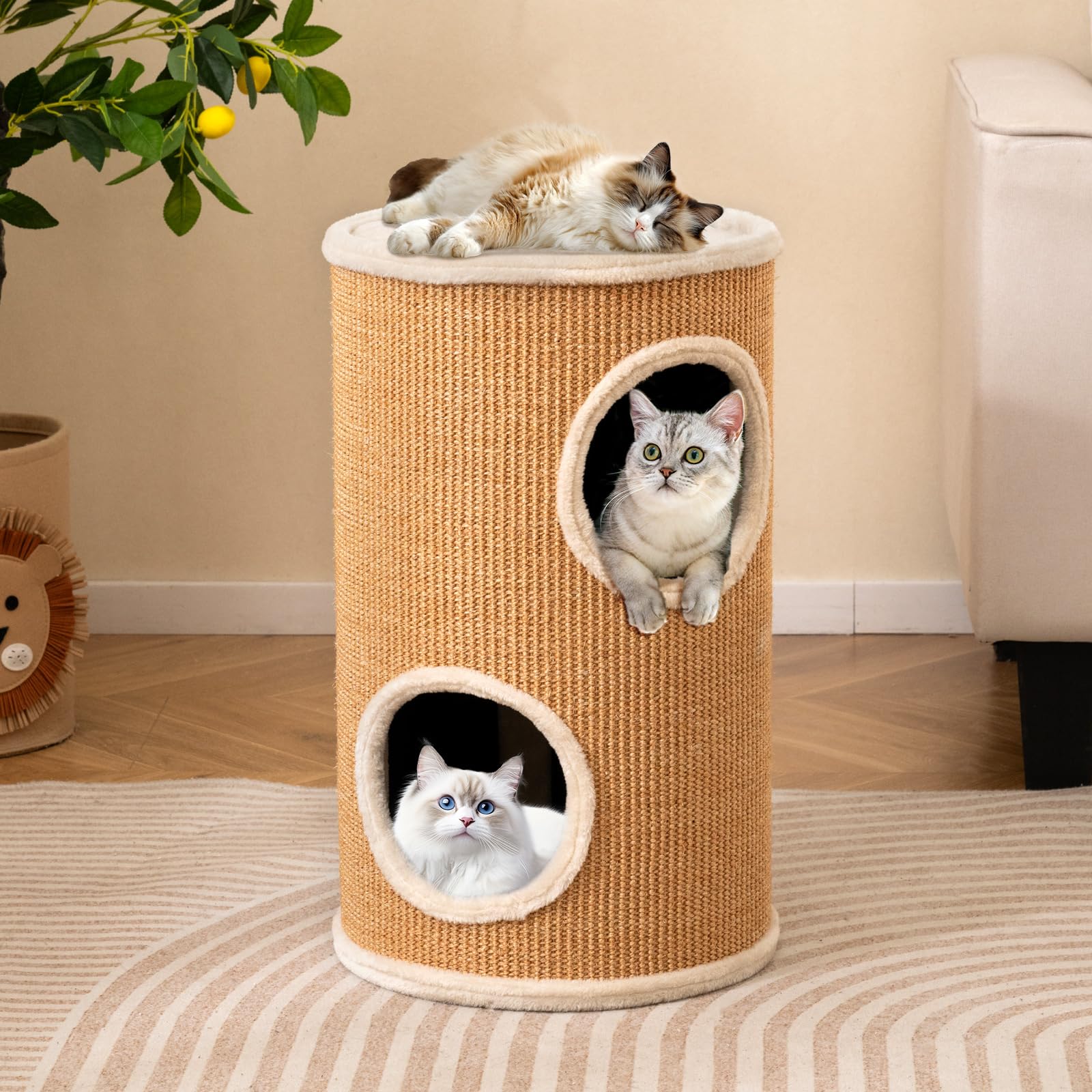 GYMAX Barril Rascador para Gatos Ø36x60/70 cm con 2/3 Niveles, Torre Multinivel para Gatos con Percha de Peluche, Rascador de Sisal, Árbol para Gatitos de Interior, Exterior (Beige)