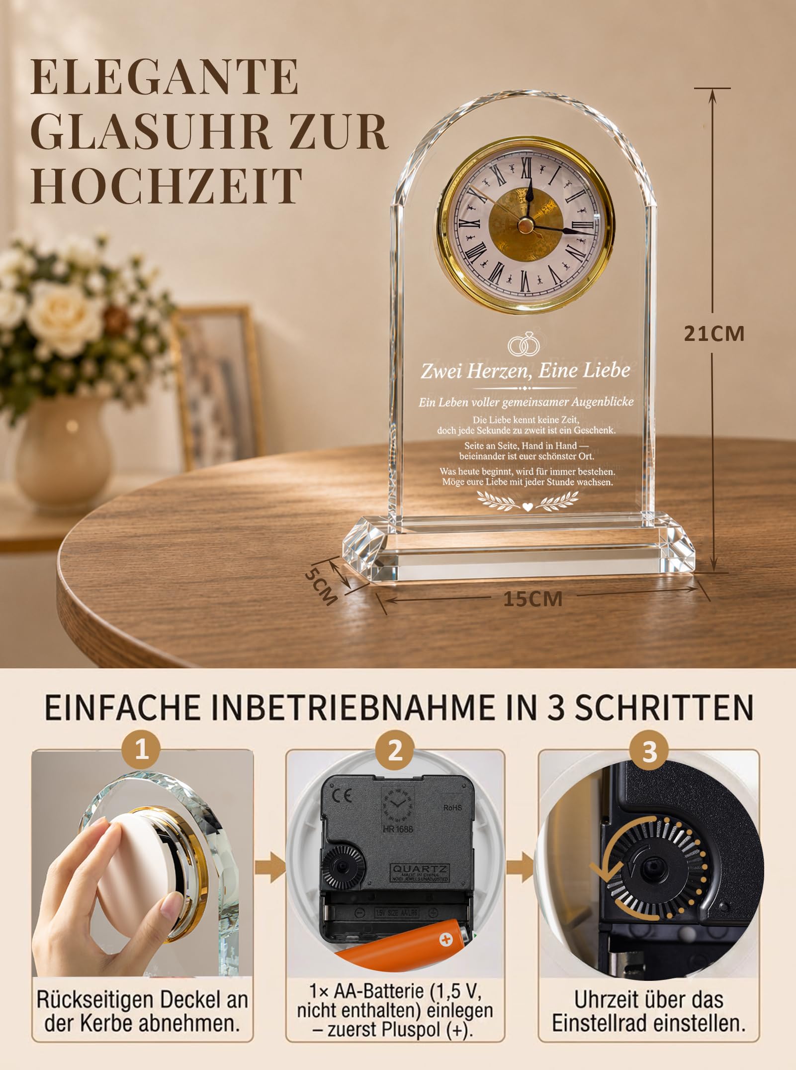 Hochzeitsgeschenk für Brautpaar - Glas Tischuhr mit Lasergravur | Frischverheiratete, Verlobungsgeschenk, Jahrestag-Andenken, edle Hochzeitsdeko, inkl. Geschenkbox