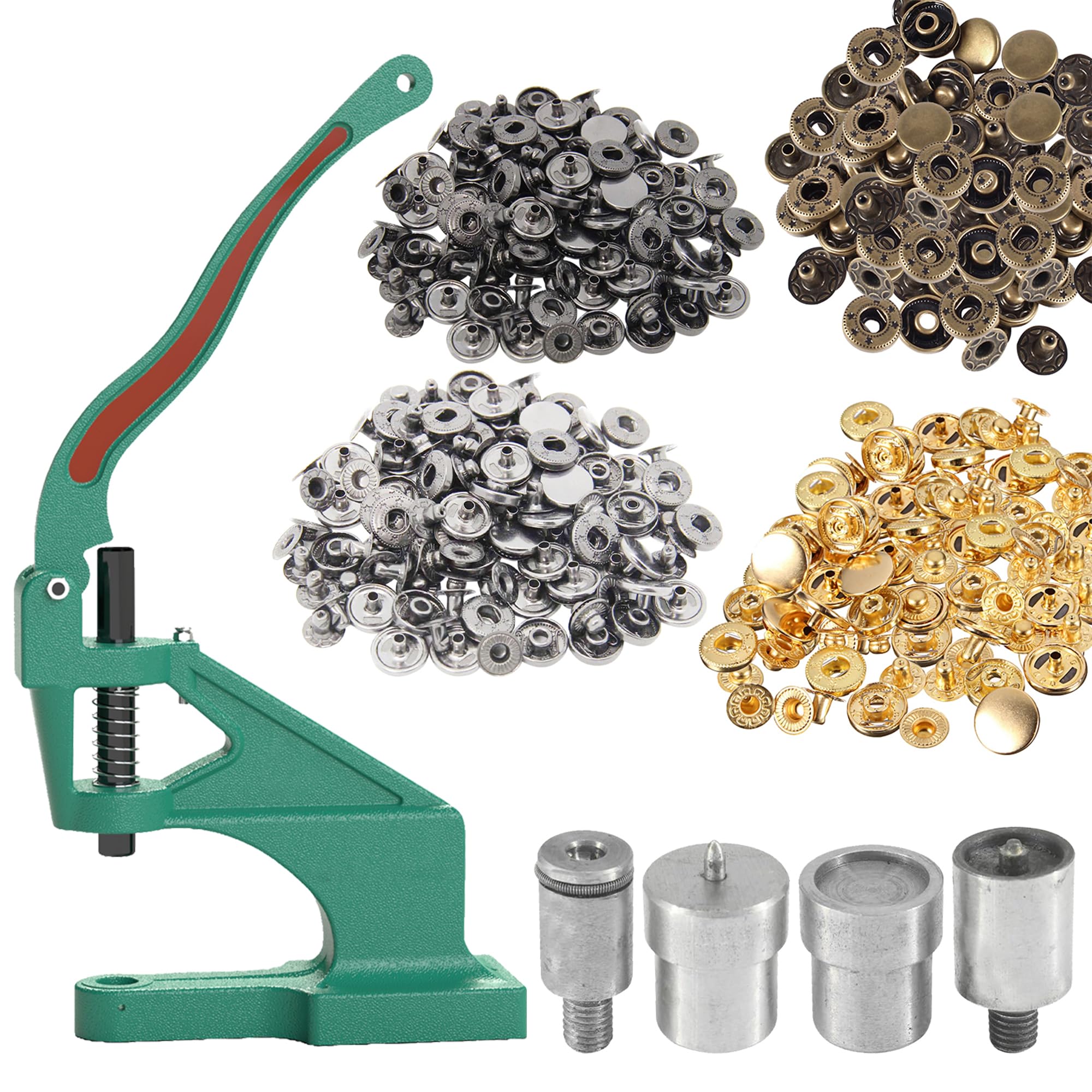 WedDecor Juego de 400 botones de presión de resorte S de 10 mm, botones de metal sin coser con troqueles de fijación y prensa manual de máquina verde para manualidades, chaquetas de tela, cuero,