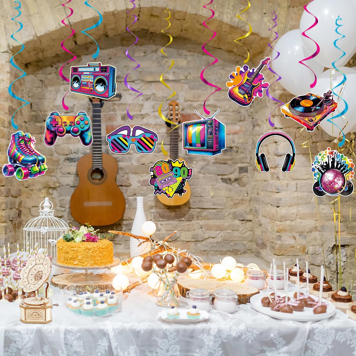 24 Pcs Retro 80s 90s Hanging Swirl Decorations, Metallic Ceiling Swirls with Disco Balls, Roller Skates, Boomboxes, etc for Hip Hop Birthday, Rap Music, DJ Dance, Back to 1980s 1990s Throwback Decor