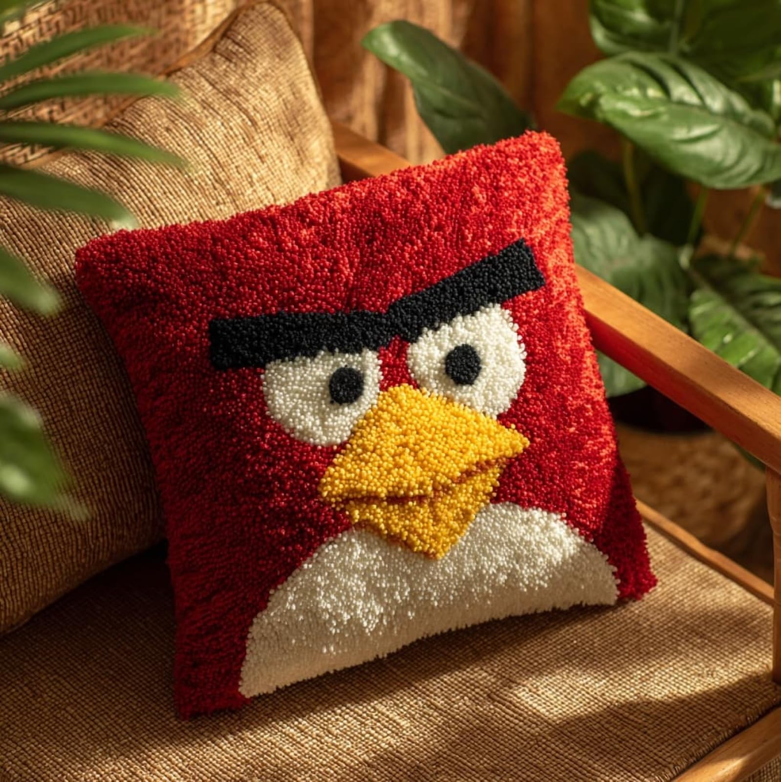 AxiangziK Latch Hook Pillow Making Kit 43x43cm,Red Bird Complete Set with Hook Tool & Instructions - Sofa Cushion Cover DIY Craft for Adults