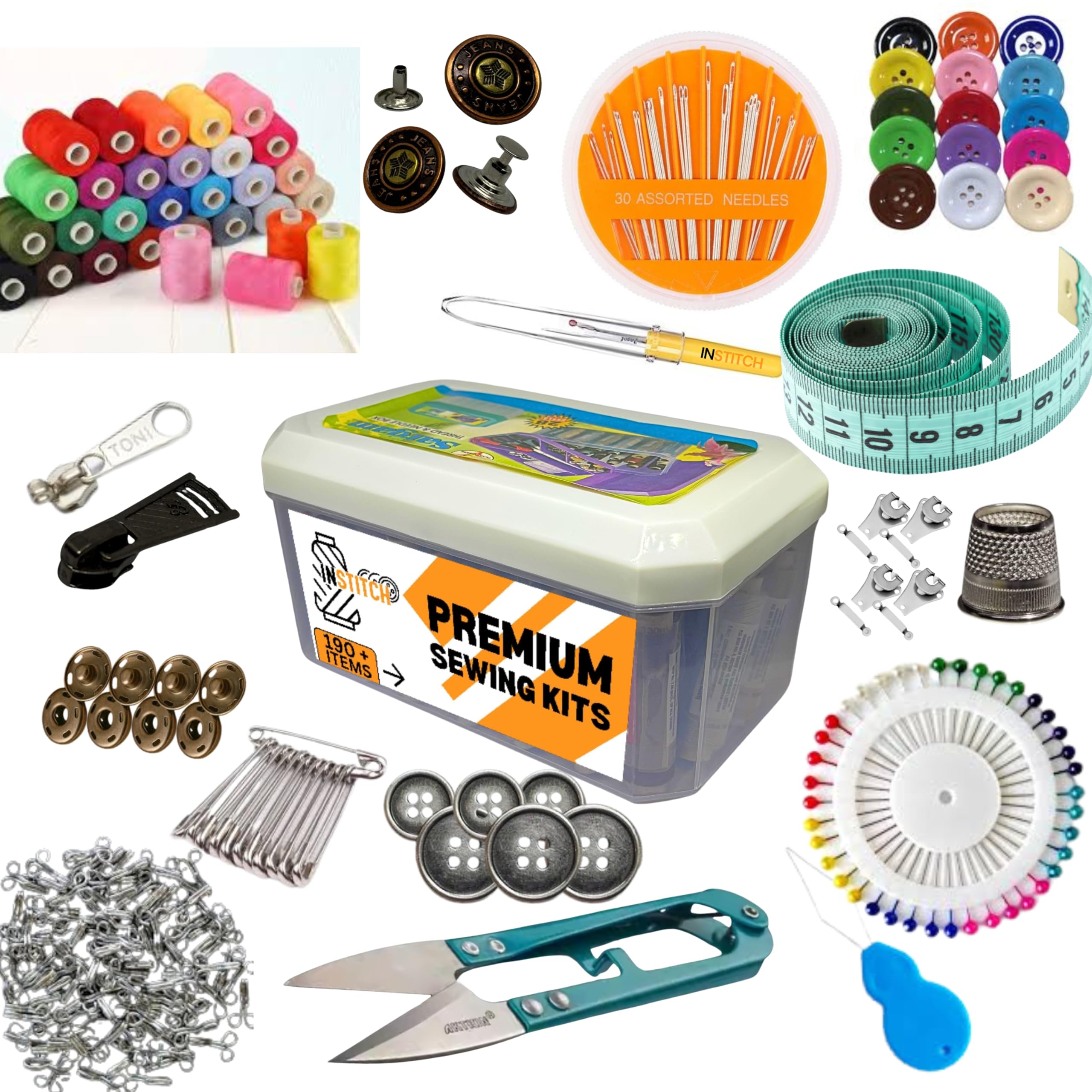 INSTITCH Two Layer Sewing Kit Box, 202 PC Sewing Kit, 24 Pc Vardhman Threads, Premium Quality Tailoring materials, Sui Dhaga kit, Needle and thread box, Needles, Buttons, Tapes, Etc Pack of 202 Pcs (Multicolor)