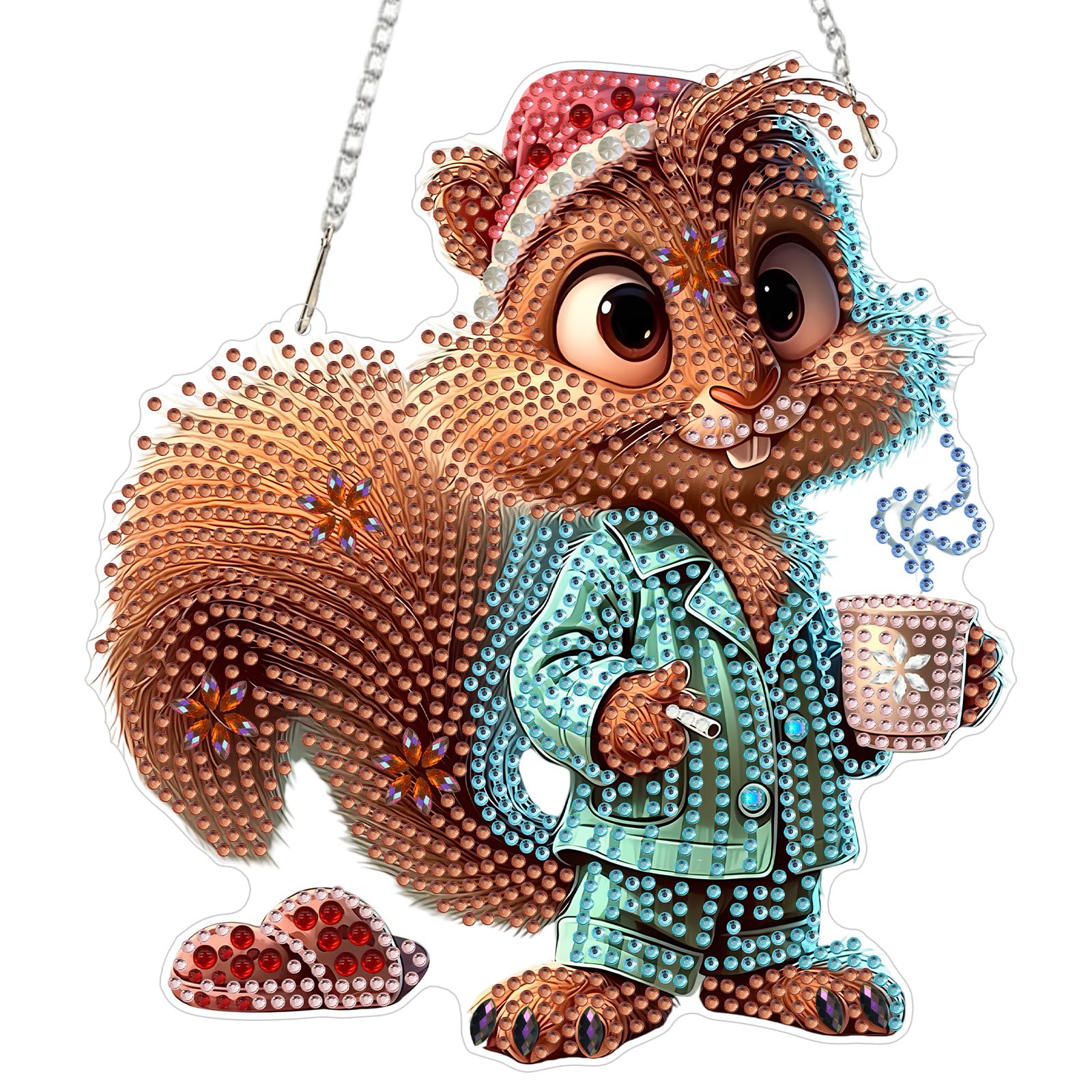 QENSPE Coffee Addict Diamond Art Hanging Ornaments, Special Shaped Diamond Painting Kits for Adults, Squirrel Crystal Gem Art Pendant 5D Window Crafts Gift for Room Wall Garden Door and Porch Decor