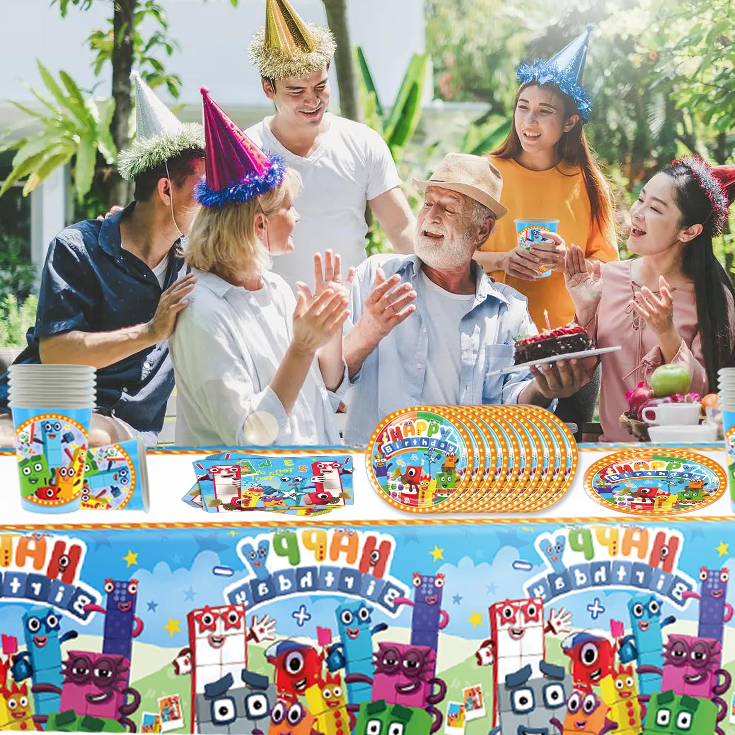 Set di stoviglie per bambini Digital Blocks, Cartoon Blocks Party, comprensivo di tazze, tovaglioli, piatti, tovaglia, adatto per feste di compleanno per bambini, anniversari, per 20 persone!